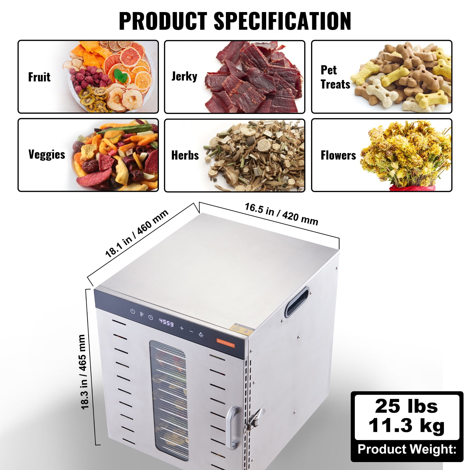 KFFKFF 10 Tray Food Dehydrator Machine - Stainless Steel, 1000W, Ideal for Drying Jerky and Fruit - Image 8
