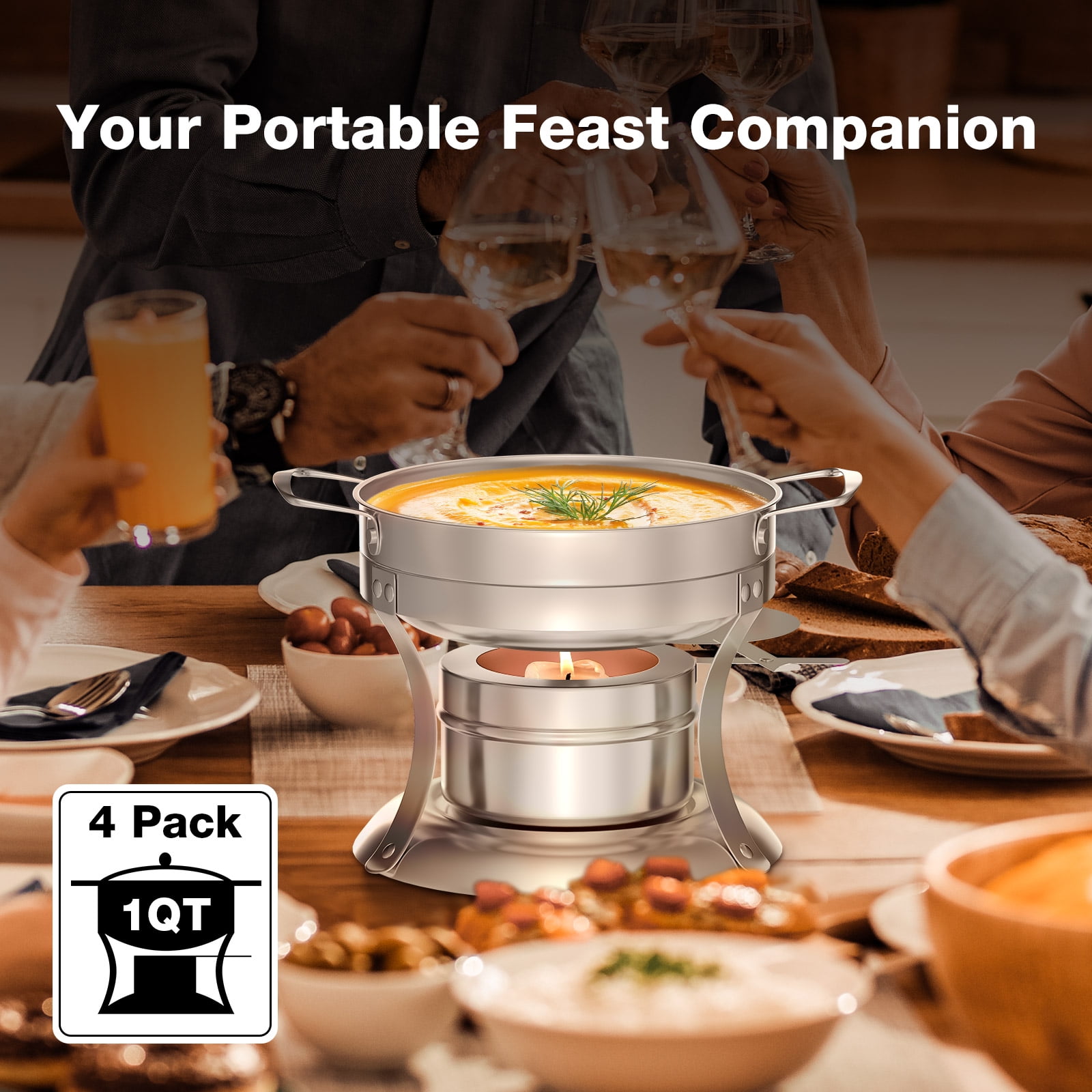 WARMOUNTS Chafing Dish Buffet Set, 4 Pack 1-Quart Round Buffet Chafe Warmer Set, 410 Stainless Steel Chafing Dish Buffet Food Warmer with Glass Lid & Holder - Image 8