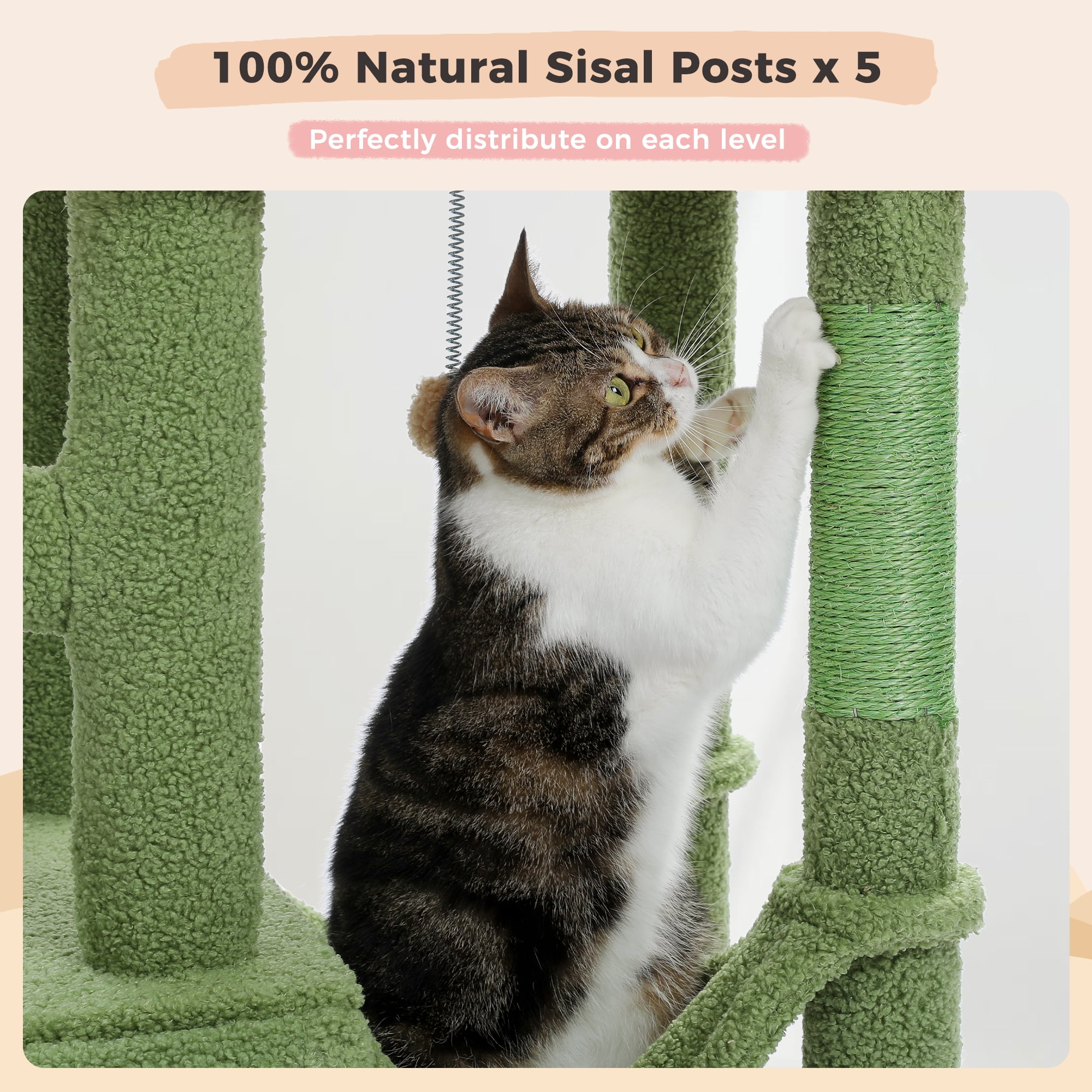 PAWZ Road 85-112" Cactus Cat Tree Floor to Ceiling Adjustable Climbing Cat Tower Scratching Post 2-Hammocks, Green - Image 9