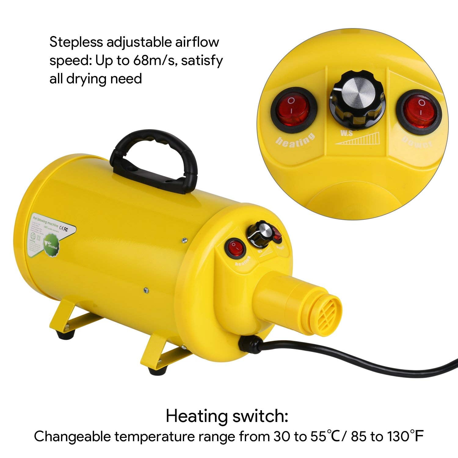 RichYa Professional Dryer for Large Dogs, Pet Hair Grooming Blower Blaster with Strong Power, Yellow - Image 3