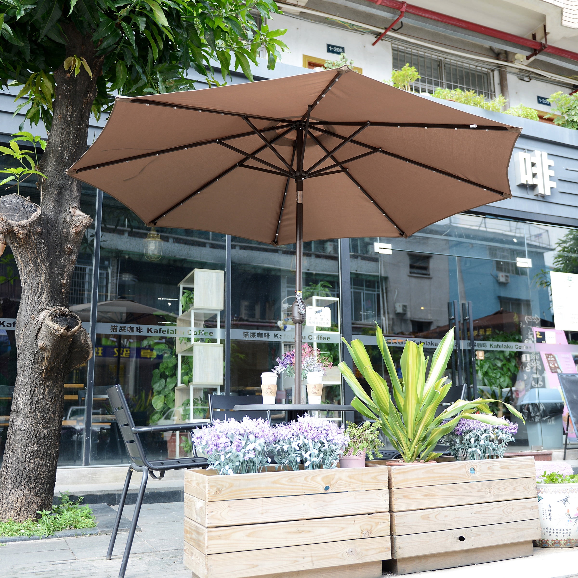 Villacera 9FT Outdoor Patio Umbrella with Solar Lights and Tilt, Brown - Image 2