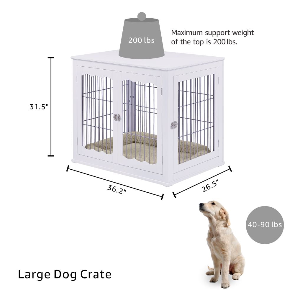 Unipaws Pet Crate Dog Bed End Table with Cushion, Wooden Wire Dog Kennels with Double Doors, Modern Design Dog House, Big Crate Indoor Use, White - Image 7