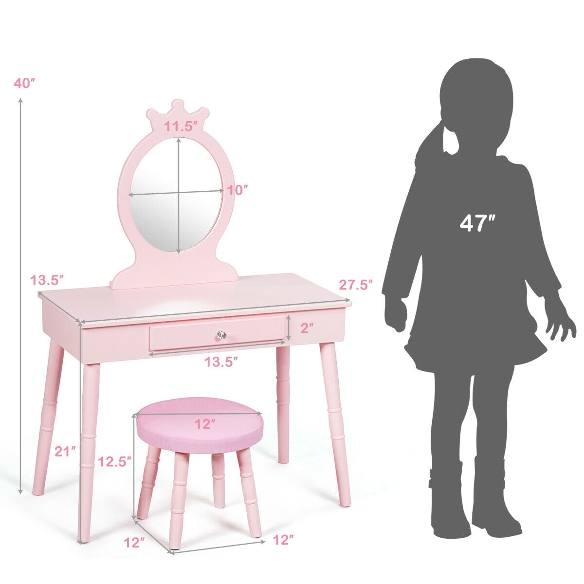 Gymax Kids Vanity Makeup Table & Chair Set Make Up Stool Play Set for Children Pink - Image 3