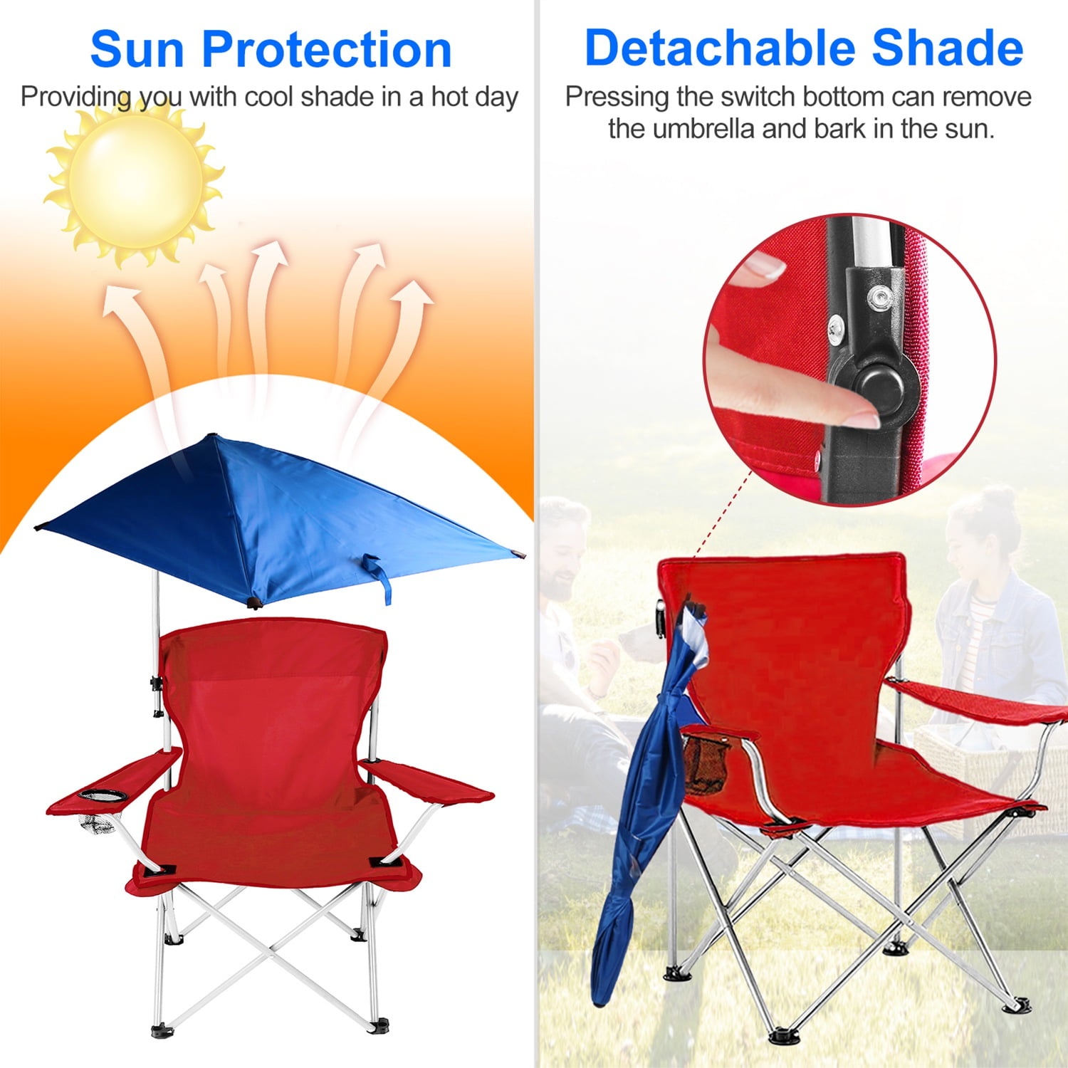 TeqHome Camping Chair with Canopy Shade Folding Beach Chair Support 220lbs with Adjustable Arm Cup Holder Detachable Umbrella Red - Image 3