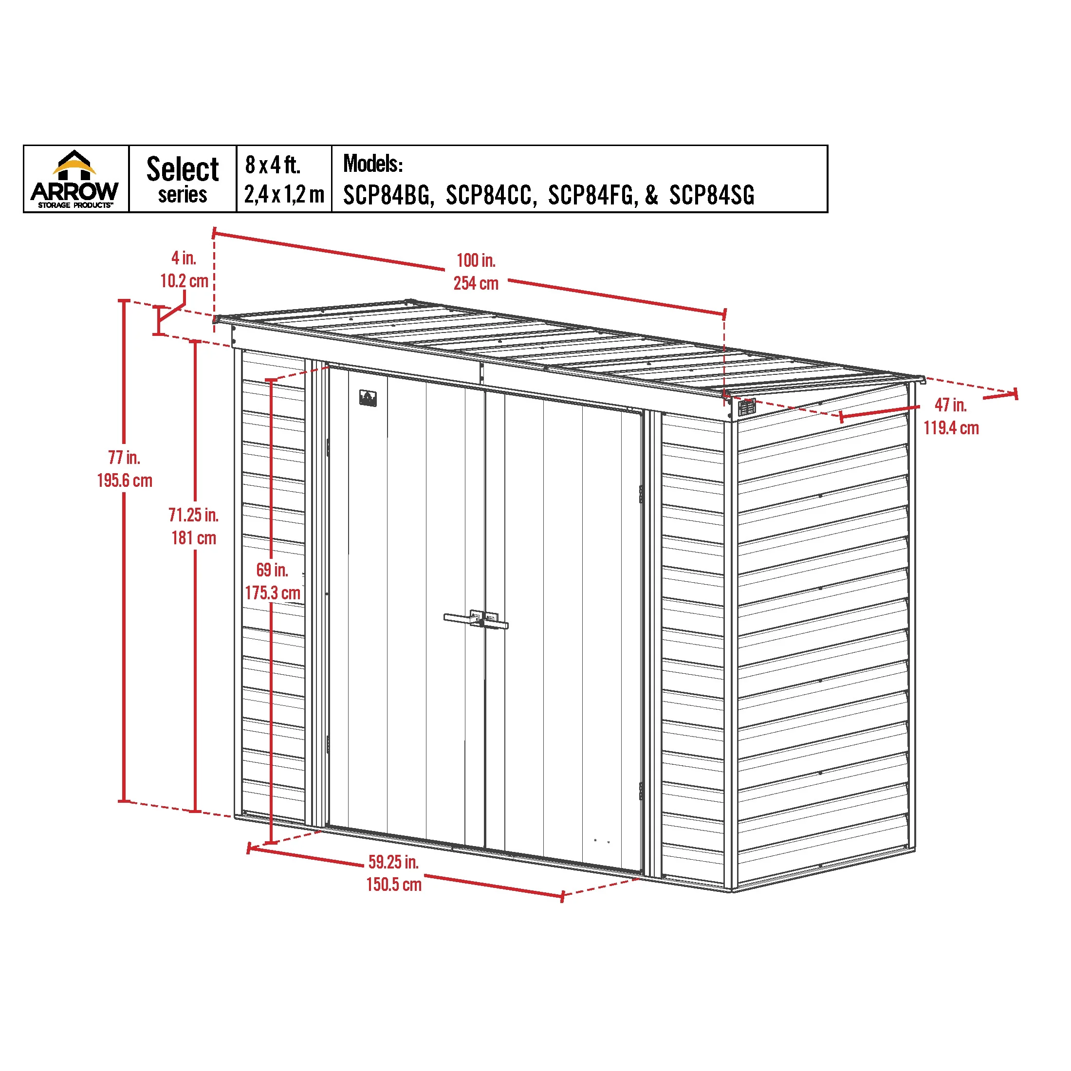 Arrow Select 8 x 4 x 6 ft Flute Grey Steel Storage Shed - Image 4