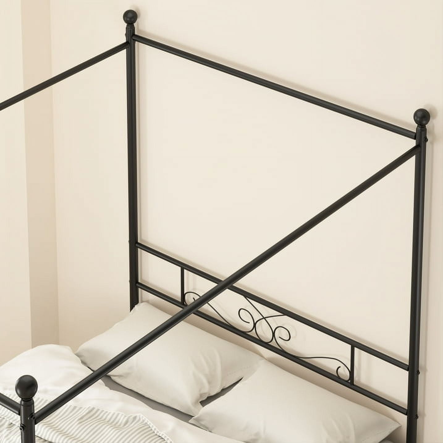 Yoneston Queen Canopy Platform Bed with Vintage Line Pattern Headboard & Footboard, Sturdy Metal Bed Frame for Apartment Hotel House, Black - Image 6