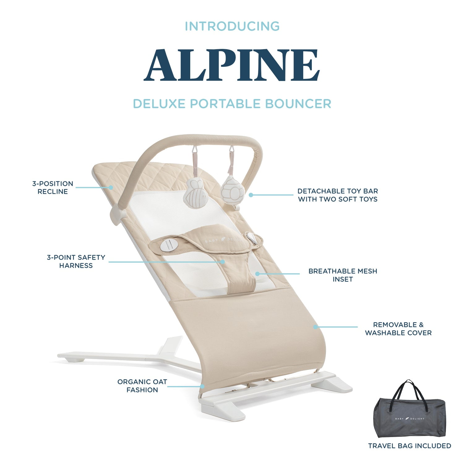 Baby Delight Alpine Deluxe Portable Baby Bouncer, for Infants 0-6 Months, Organic Oat - Image 10