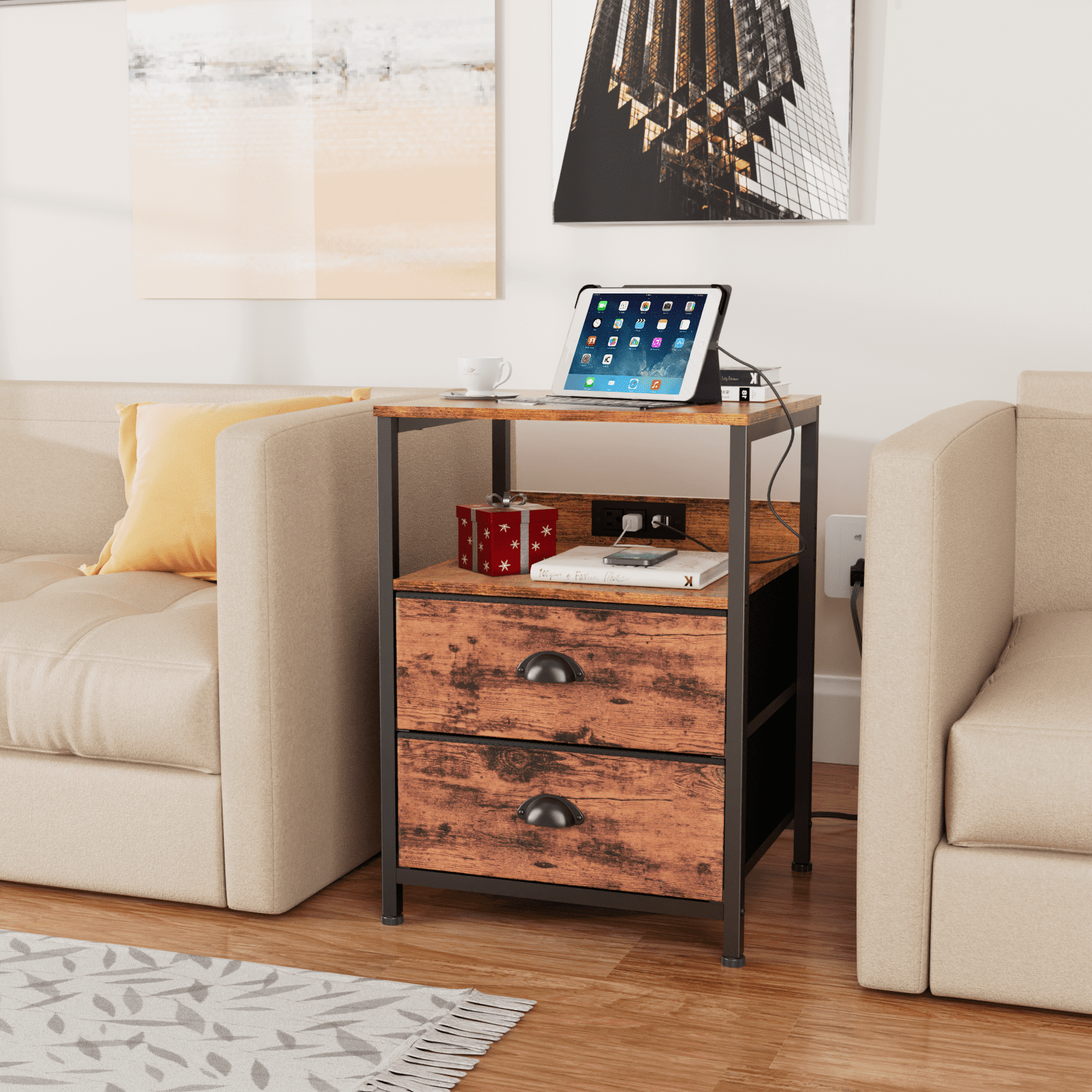 Furologee Set of 2 Nightstands, End Table with Charging Station, Bedside Tables with 2 Fabric Drawers, Night Stands with USB Ports & Power Outlets for Bedroom/Living Room/Hallway - Image 2