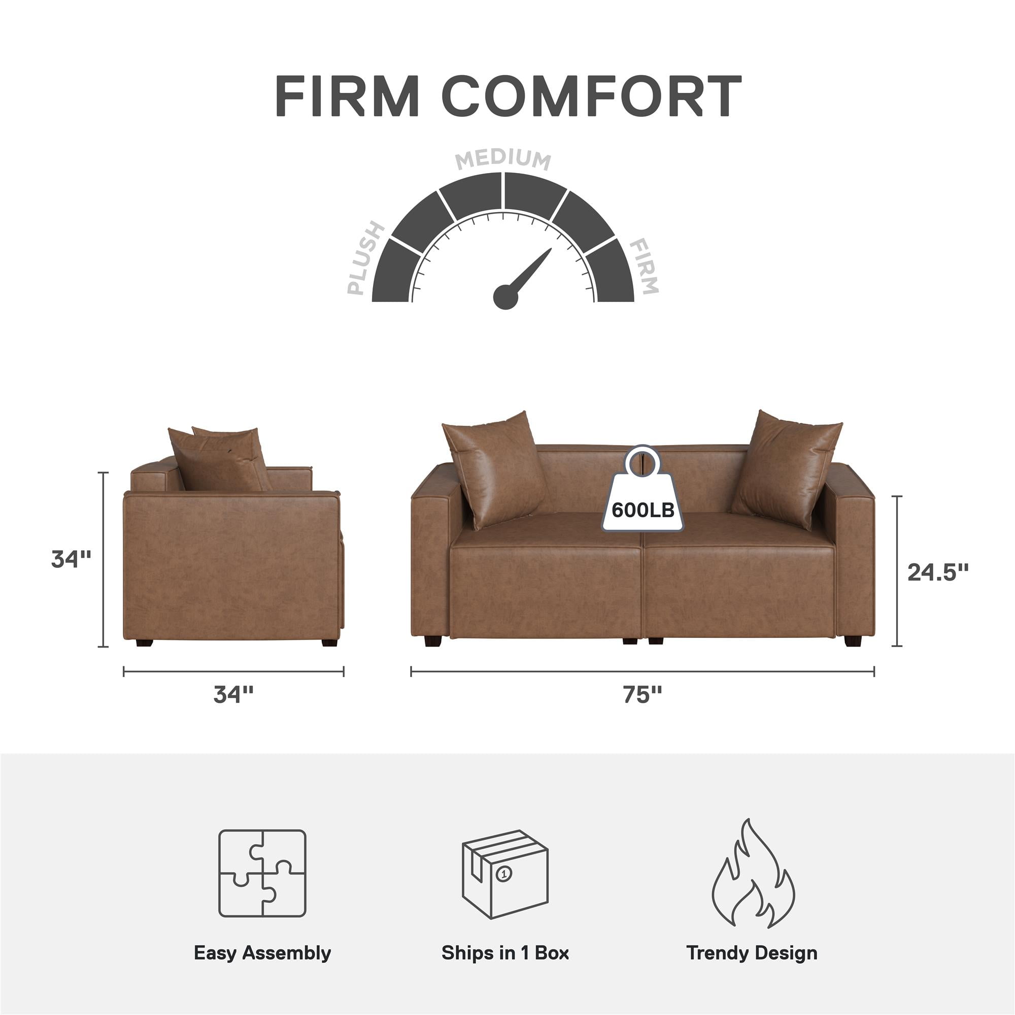Mainstays Wynnewood 75" Low Profile Faux Leather Sofa Couch with 2 Throw Cushions, Brown - Image 22