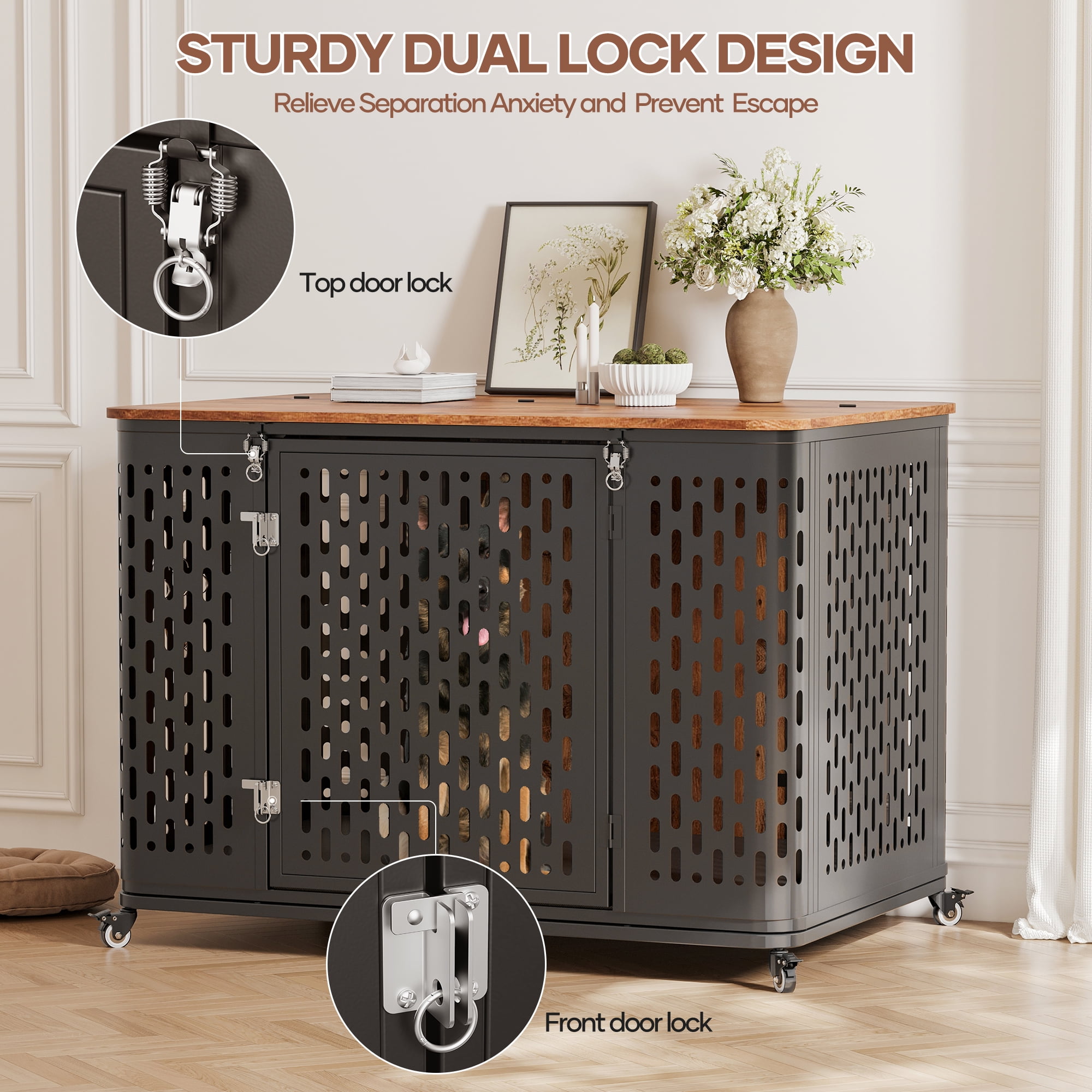 Naipo XL Heavy Duty Dog Crate Furniture, 43.7" Large Metal Dog Kennel, Chew Proof Prevent Escape for High Anxiety Dogs, Indoor Indestructible Dog Kennel, Rustic Brown - Image 5