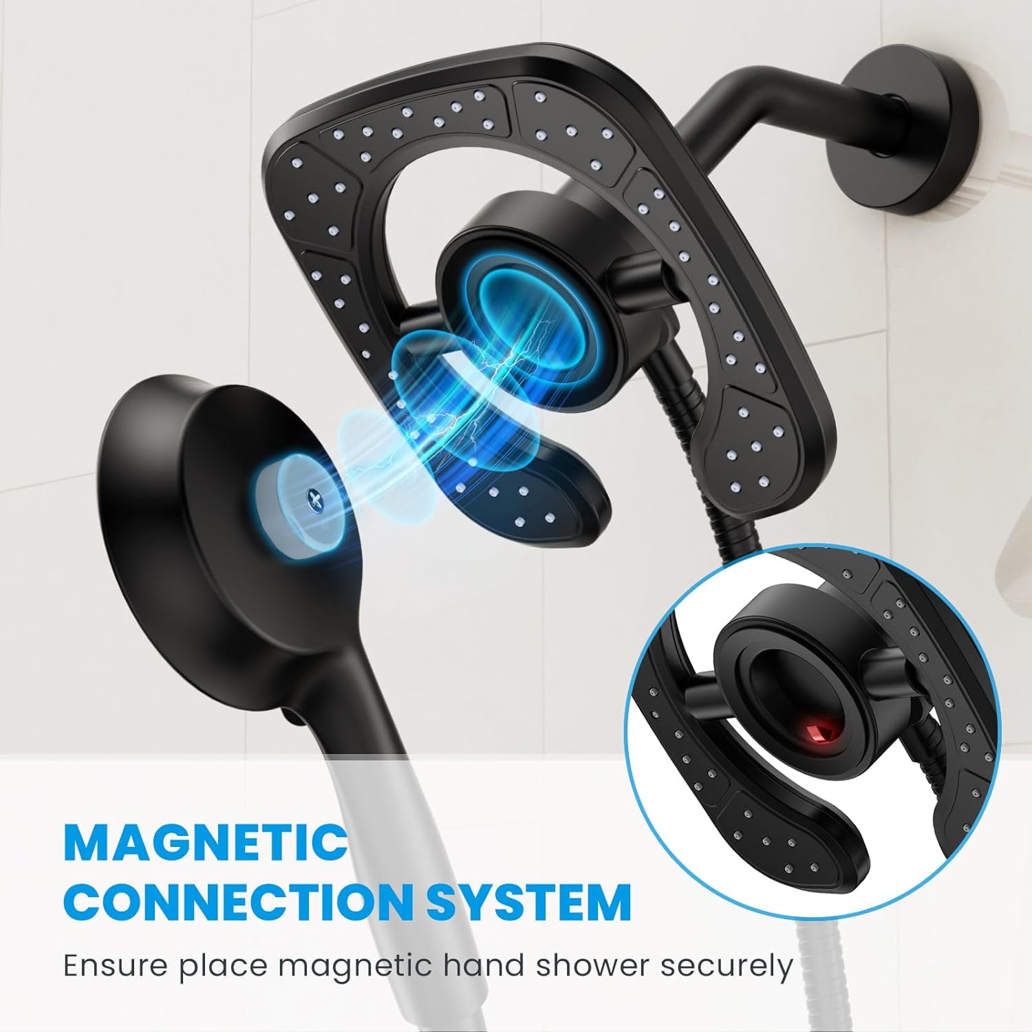 KINGTACK 10-Setting High Pressure Shower Heads, 2 in 1 Rainfall Shower Head & Handheld Showers with Magnetic Docking System, Handheld Shower Head with 59" Rotatable Stainless Steel Hose, Black - Image 3