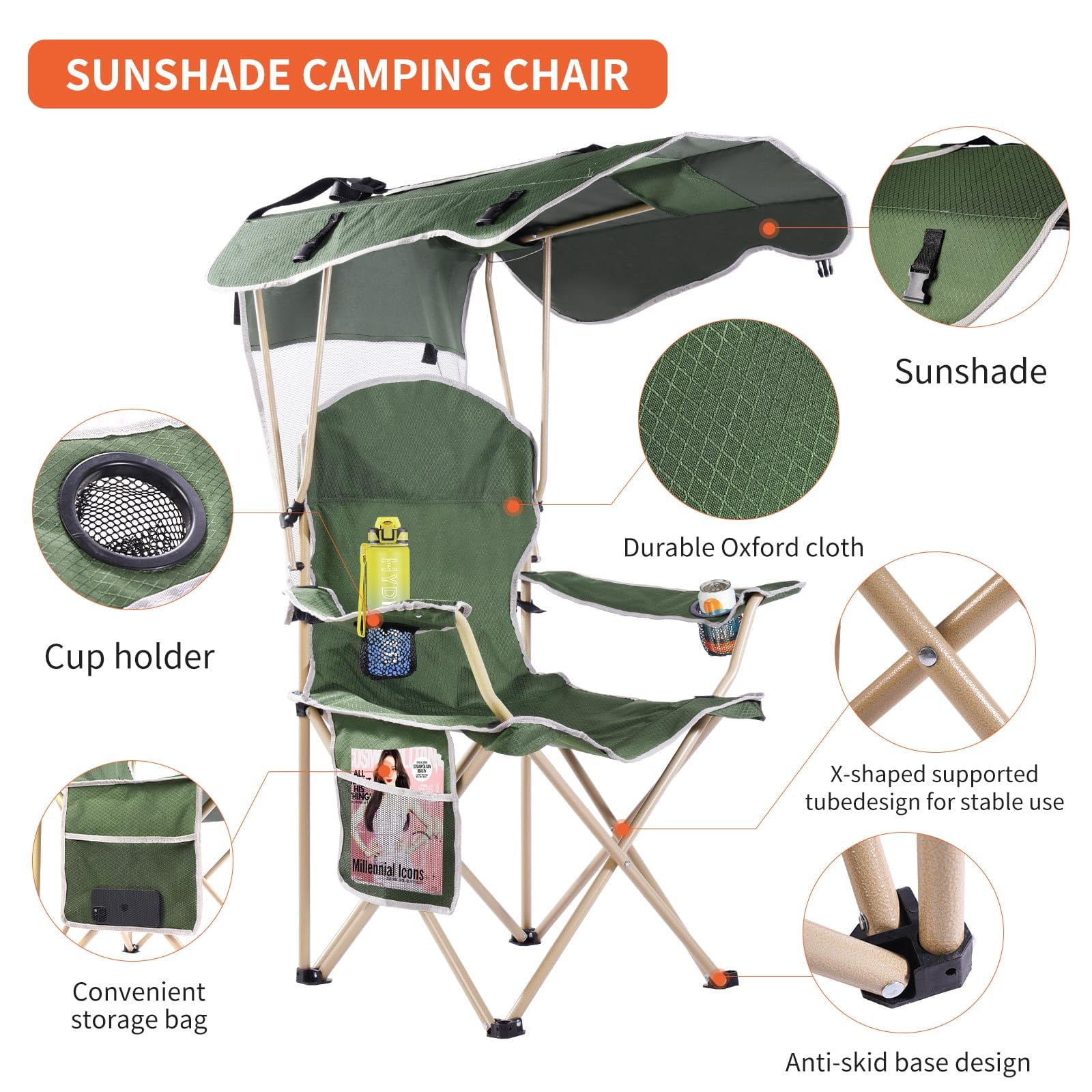VTOY Camping Chair with Canopy Portable Canopy Camping Chairs with Shade for Outside Folding Beach Chairs with Shade for Adults(Olive Green) - Image 6