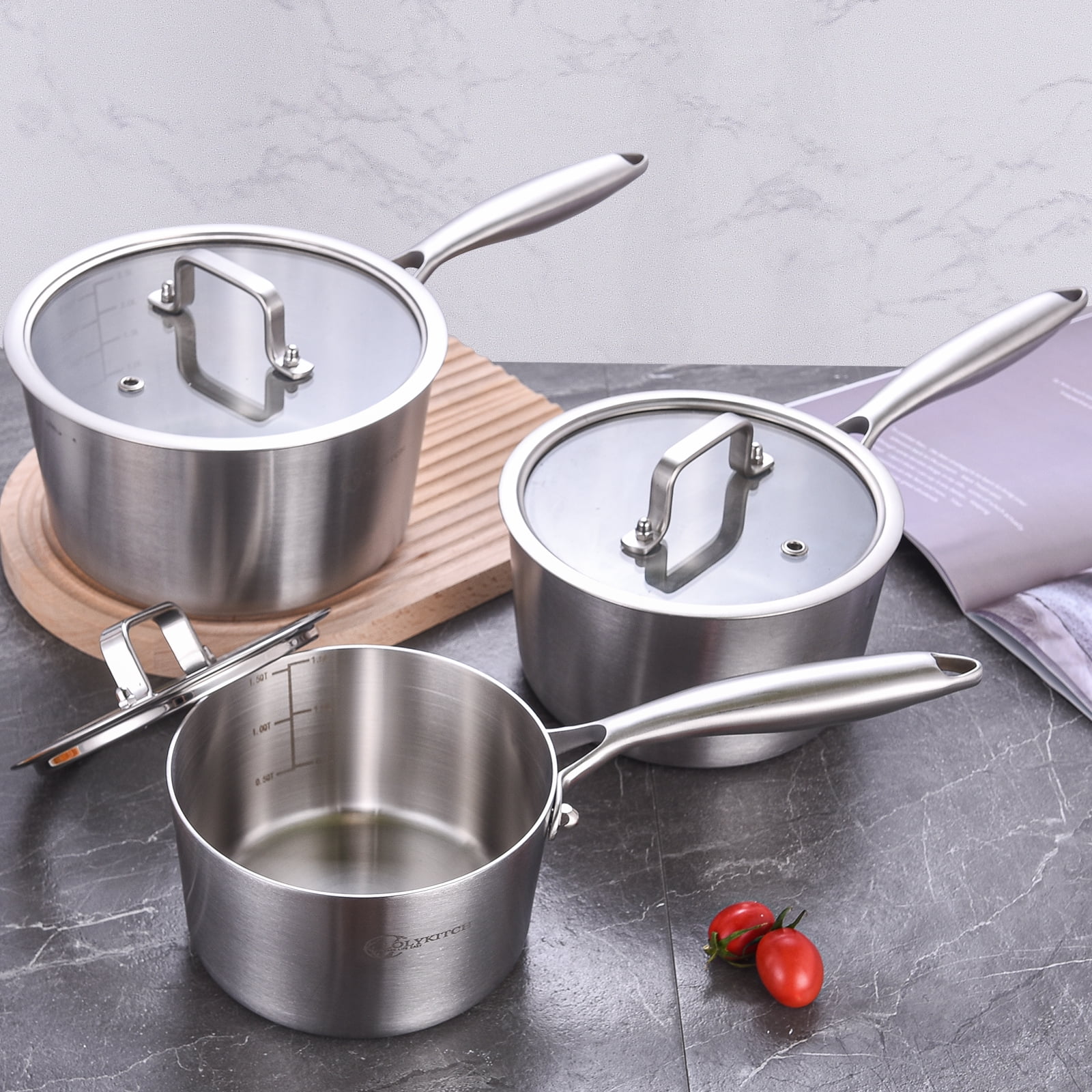 LOLYKITCH Tri-ply Stainless Steel Saucepans Set with Lids,Induction Cooking Pots,Dishwasher and Oven Safe,Detachable Handle,1.5QT&2.5QT&3.0QT. - Image 4