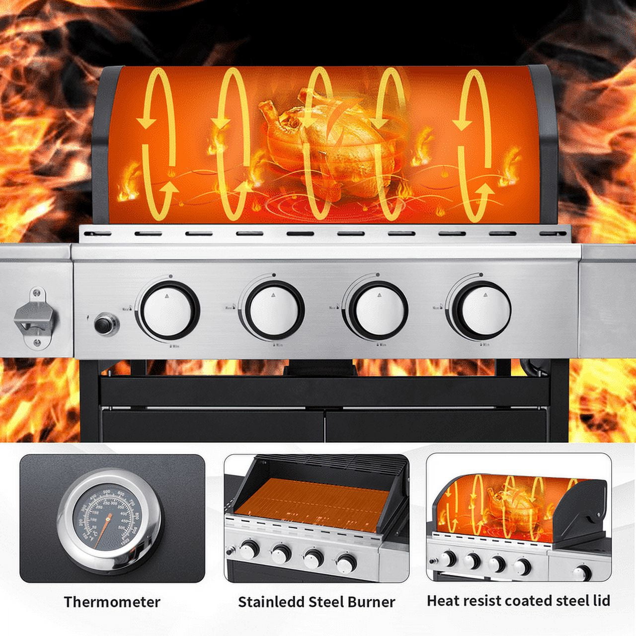 Hommow 4 Burner BBQ Propane Gas Grill,36000 BTU Stainless Steel with Stove and Side Table - Image 7