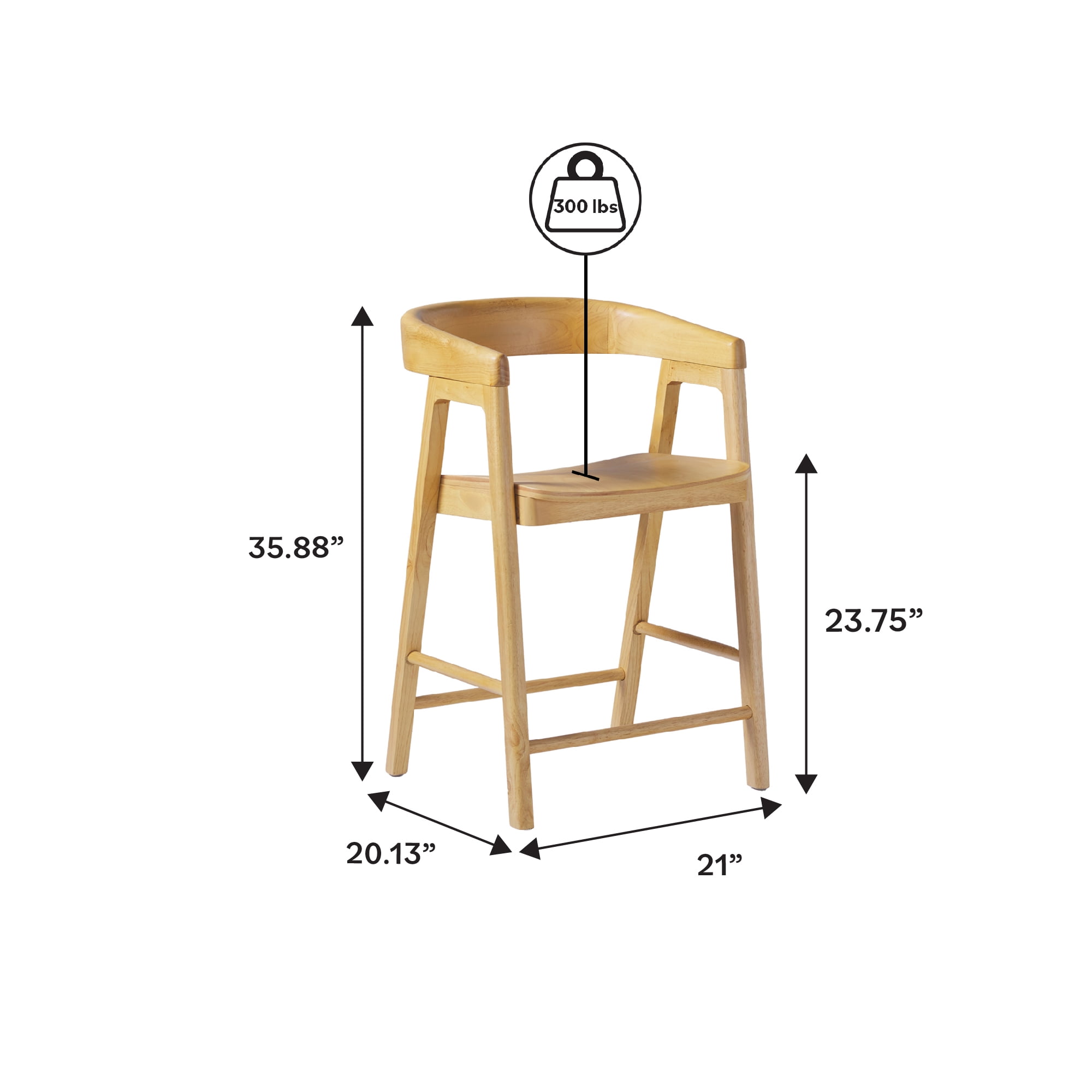 Walker Edison Modern Solid Wood Rounded Back Counter Stool, Natural - Image 3