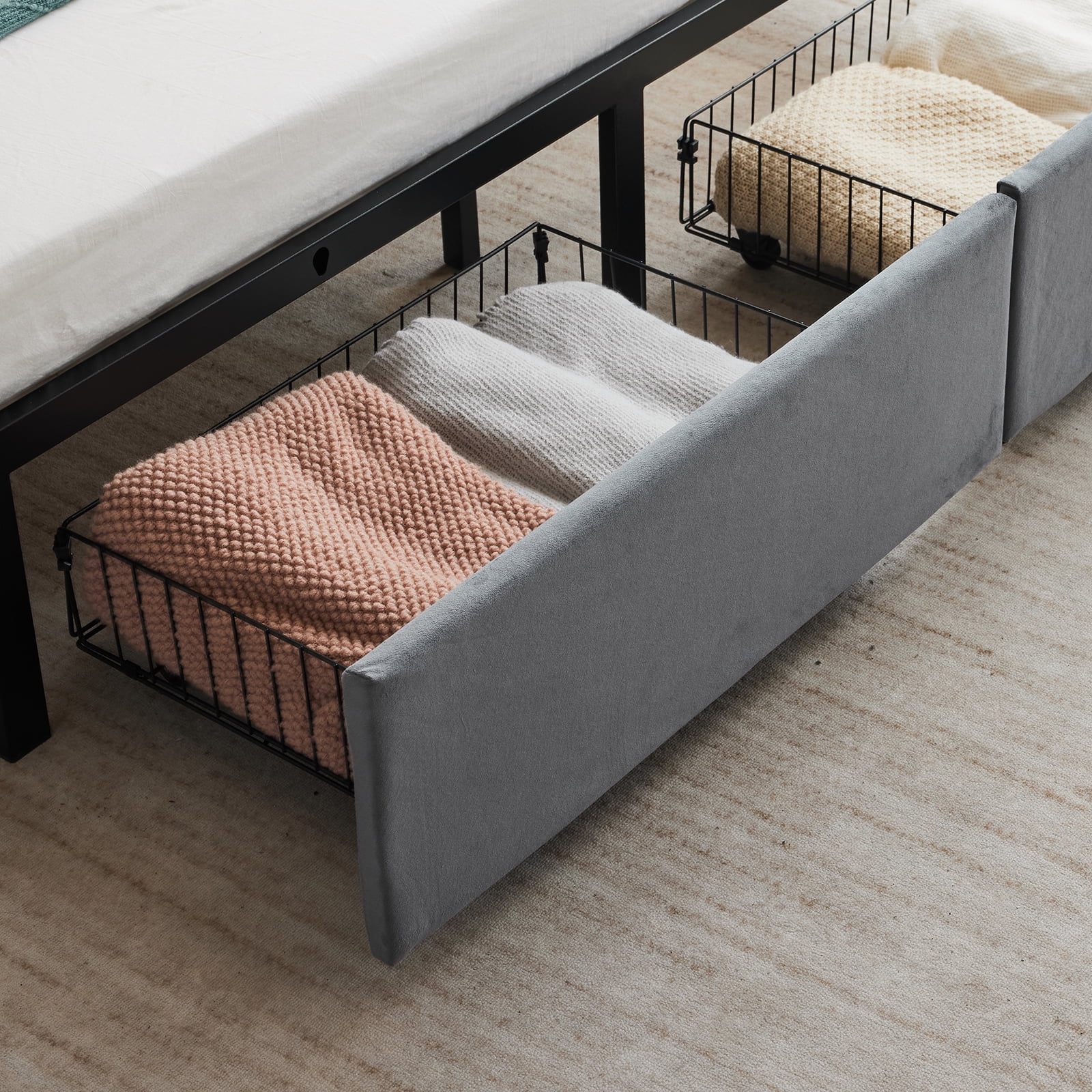 Zimtown Full Size Platform Bed Frame with 2 Drawers, Fabric Upholstered Headboard, No Box Spring Needed, Gray - Image 5