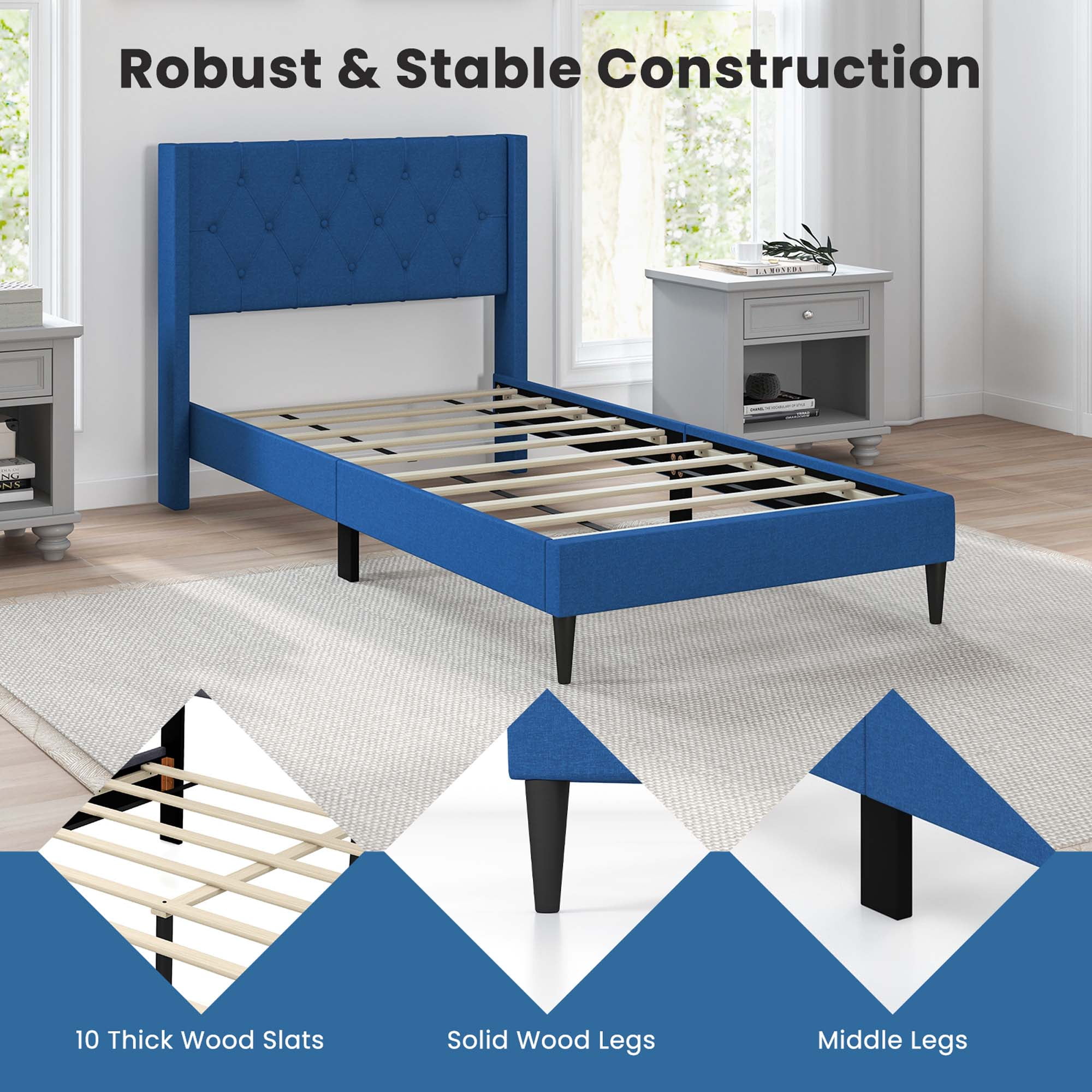 Costway Twin Size Upholstered Platform Bed with Button Tufted Wingback Headboard Blue - Image 6