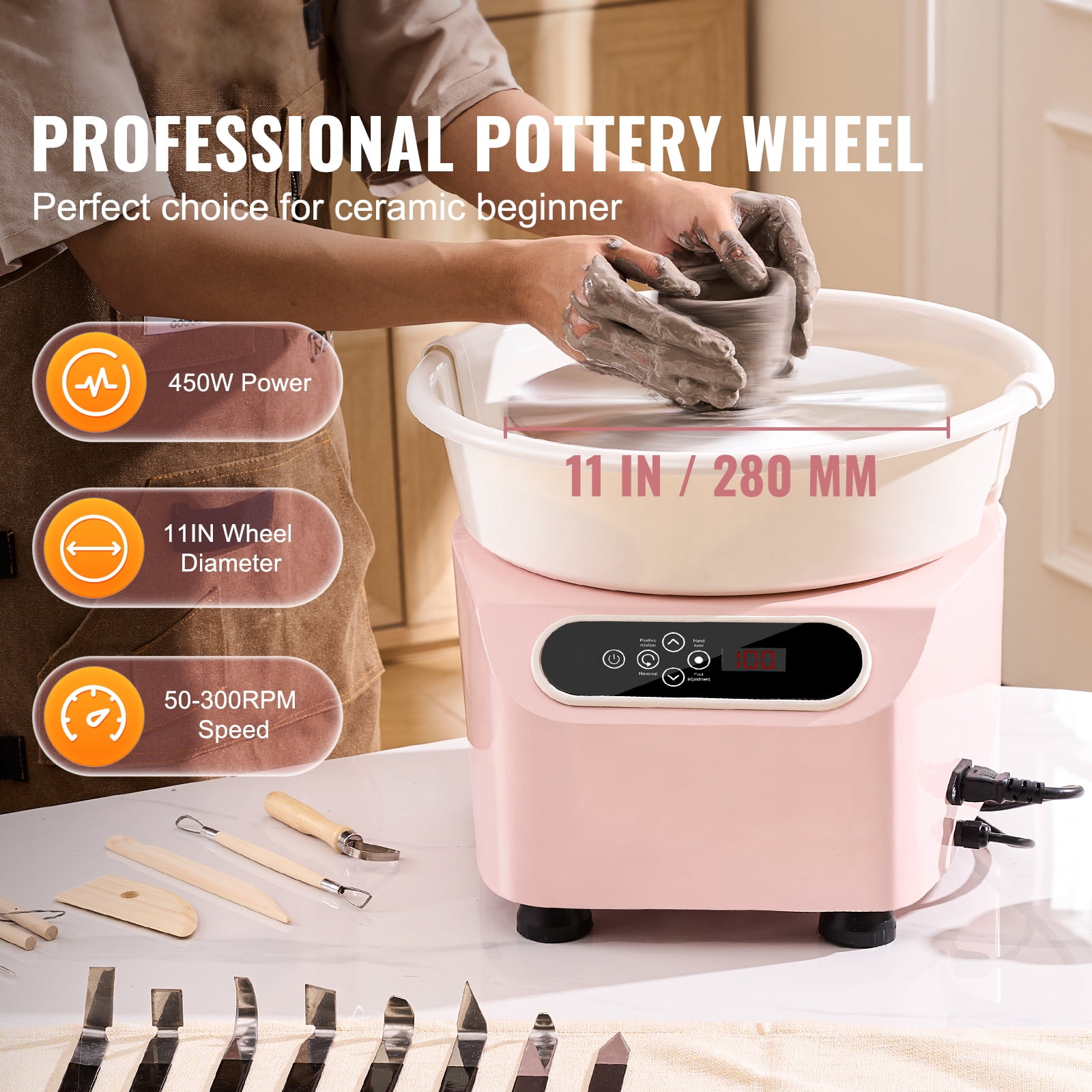 KFFKFF Pottery Wheel, 11" Crafting Wheel, 450W Motorized Pottery Device with Foot Control & LCD Interface, Direct-Drive Clay Modeling Equipment with Sculpting Tools, DIY Artistry, Pink - Image 4