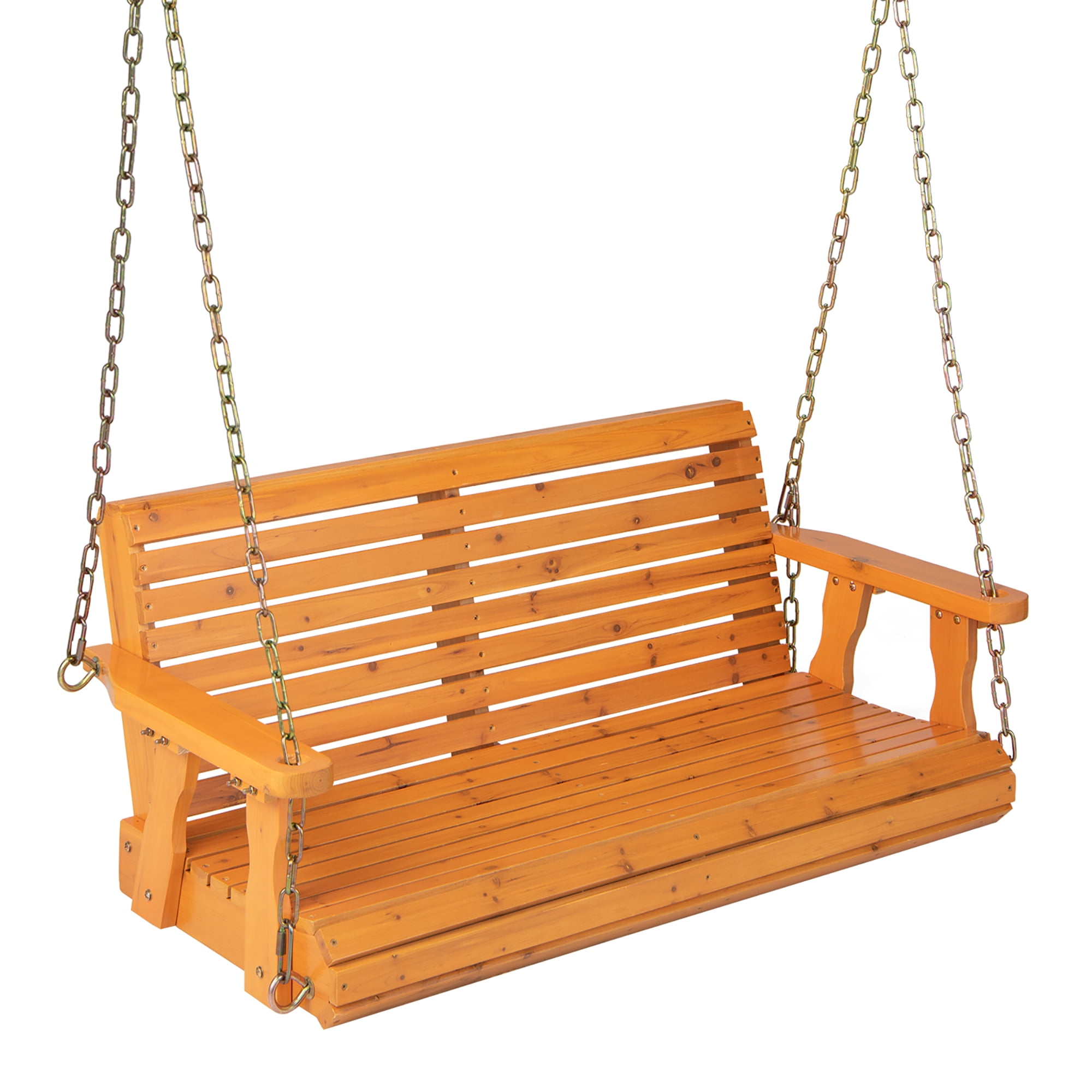 Costway Porch Swing Wood Outdoor Patio Hanging Bench Chair for Garden Backyard orange - Image 9