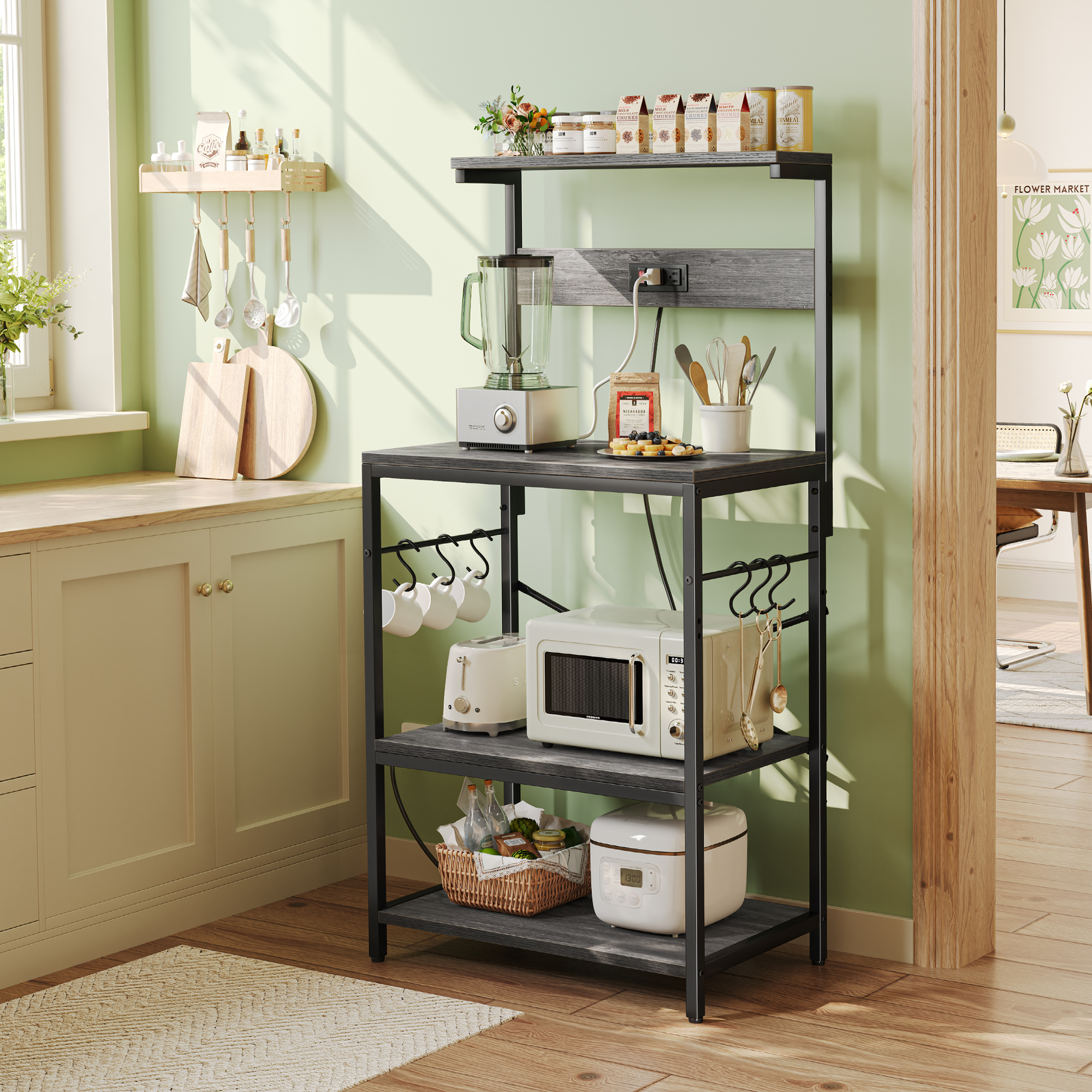 SUPERJARE Bakers Rack with Power Outlet, Kitchen Coffee Bar Table, Wood Microwave Stand with Hooks and Storage Shelves, Kitchen Shelf Rack, Charcoal Gray - Image 2