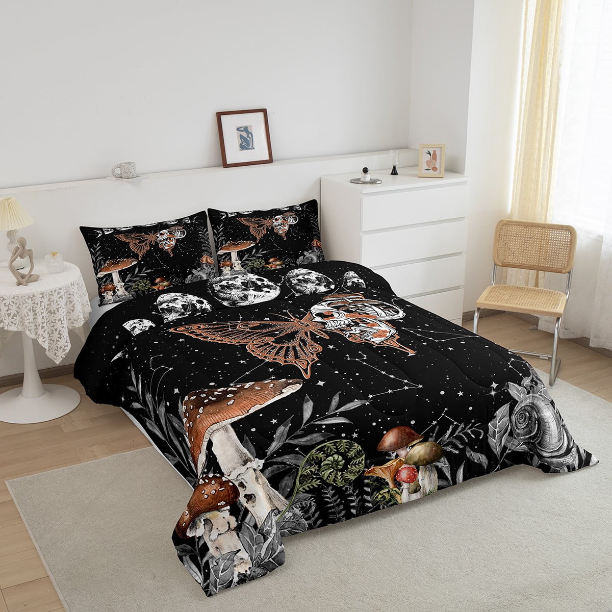 Moth Skull Decor Bedding Sun and Moon Skeleton Bones Bedding Comforter Sets Boho Mushroom Fungus Gothic Butterfly Comforter Set Halloween Witchy Moon Night Hippie Duvet Insert, Queen - Image 2