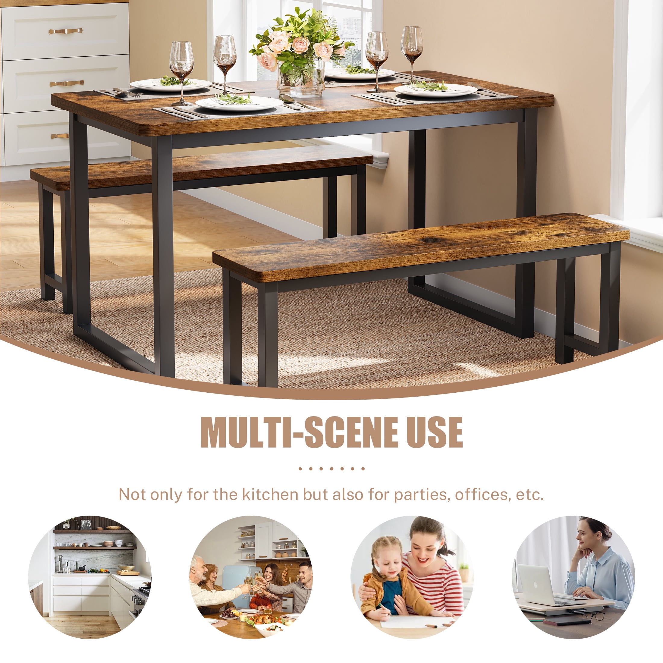 PORKISS 47.2" Dining Table Set for 4, Kitchen Table with 2 Benches, Wood Dining Room Dinette Sets with Metal Frame for Breakfast Nook and Small Space - Brown - Image 2