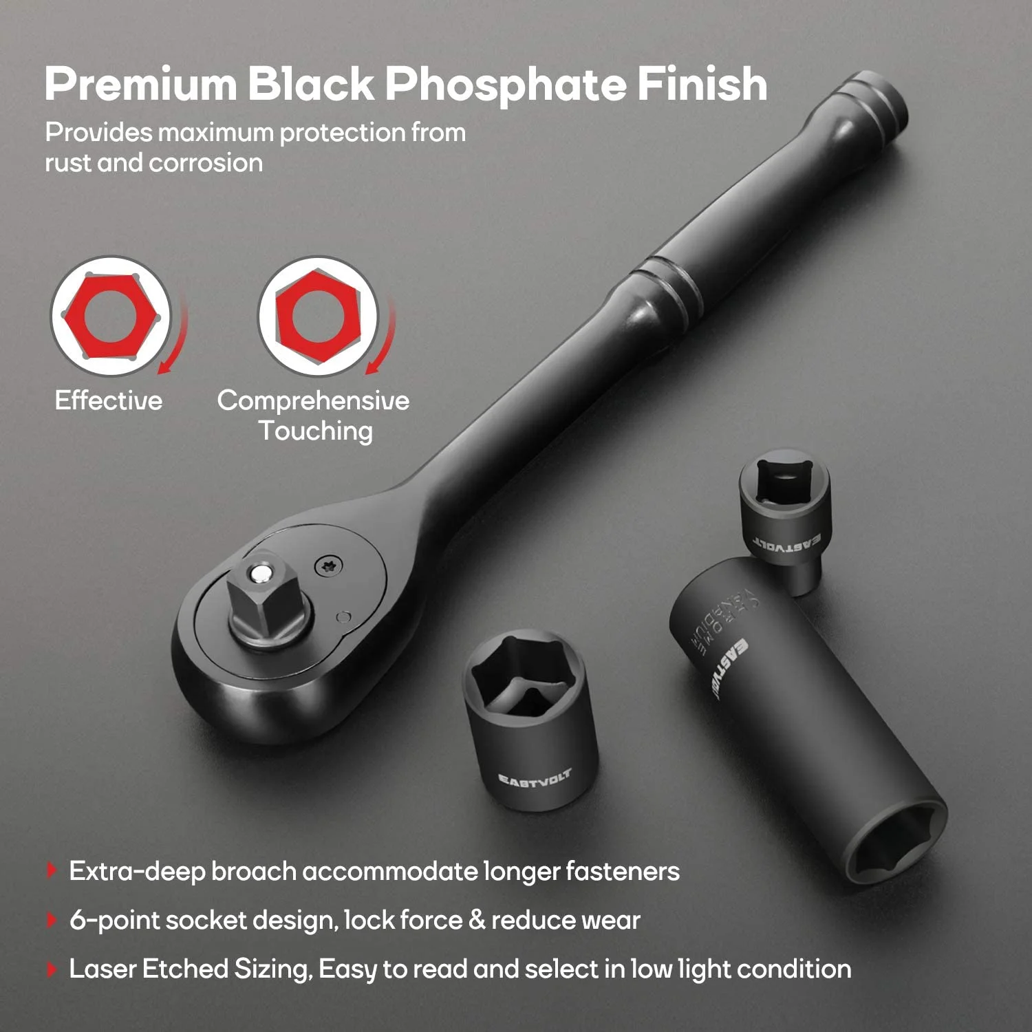 Eastvolt Mechanic Tool Kit, Drive Socket Set, 46 Pieces, with 72 Teeth Reversible Ratchet, Metric/SAE - Image 6