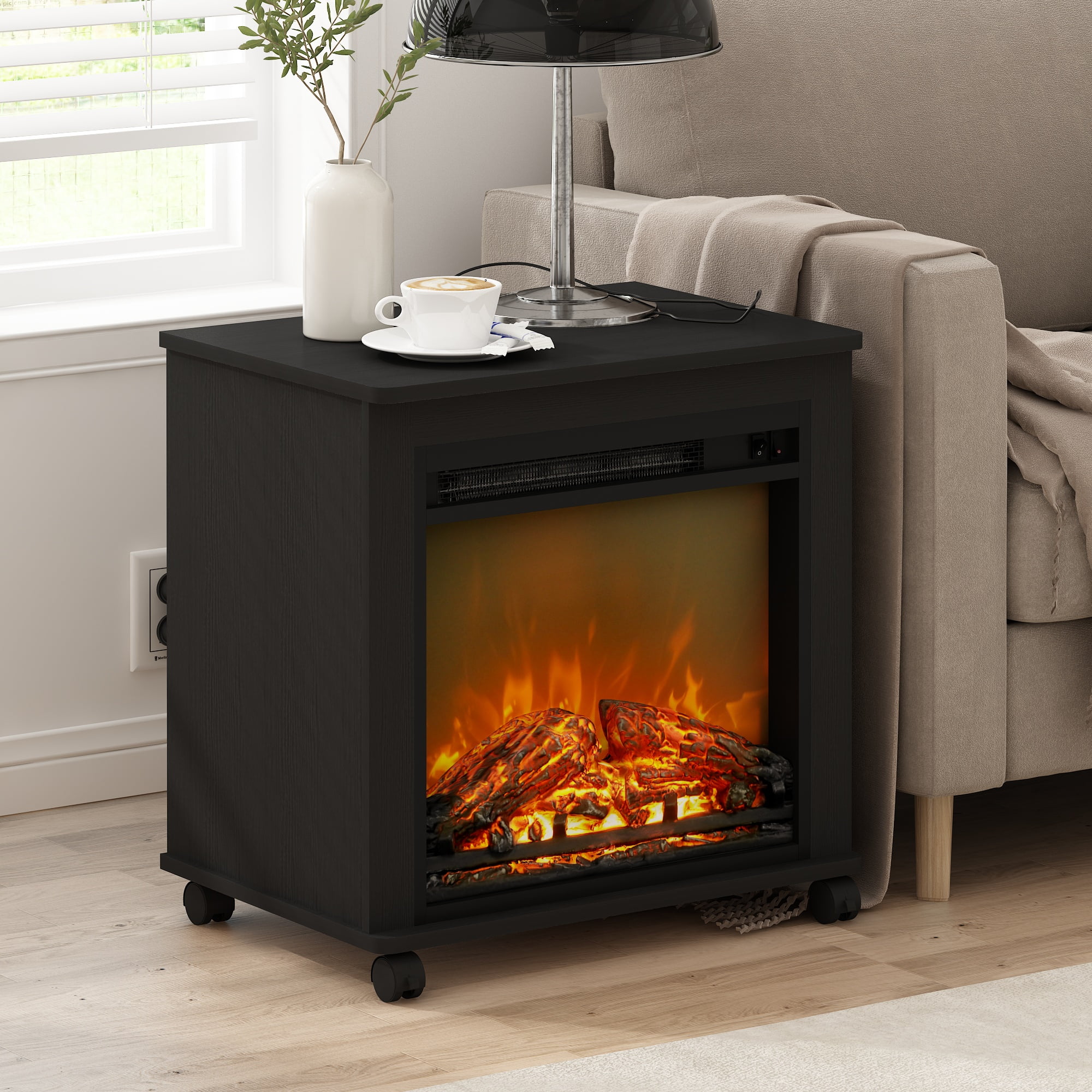 Furinno Jensen Electric Fireplace End Table with Wheels, Americano - Image 5