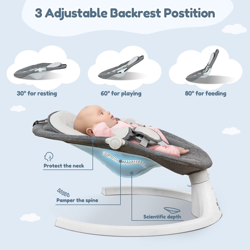 Baby Swing for Infants, Caveen Electric Bluetooth Baby Rocker, 5 Swing Speeds, 3 Seat Positions, Adapter & Battery Operated, Gray - Image 6