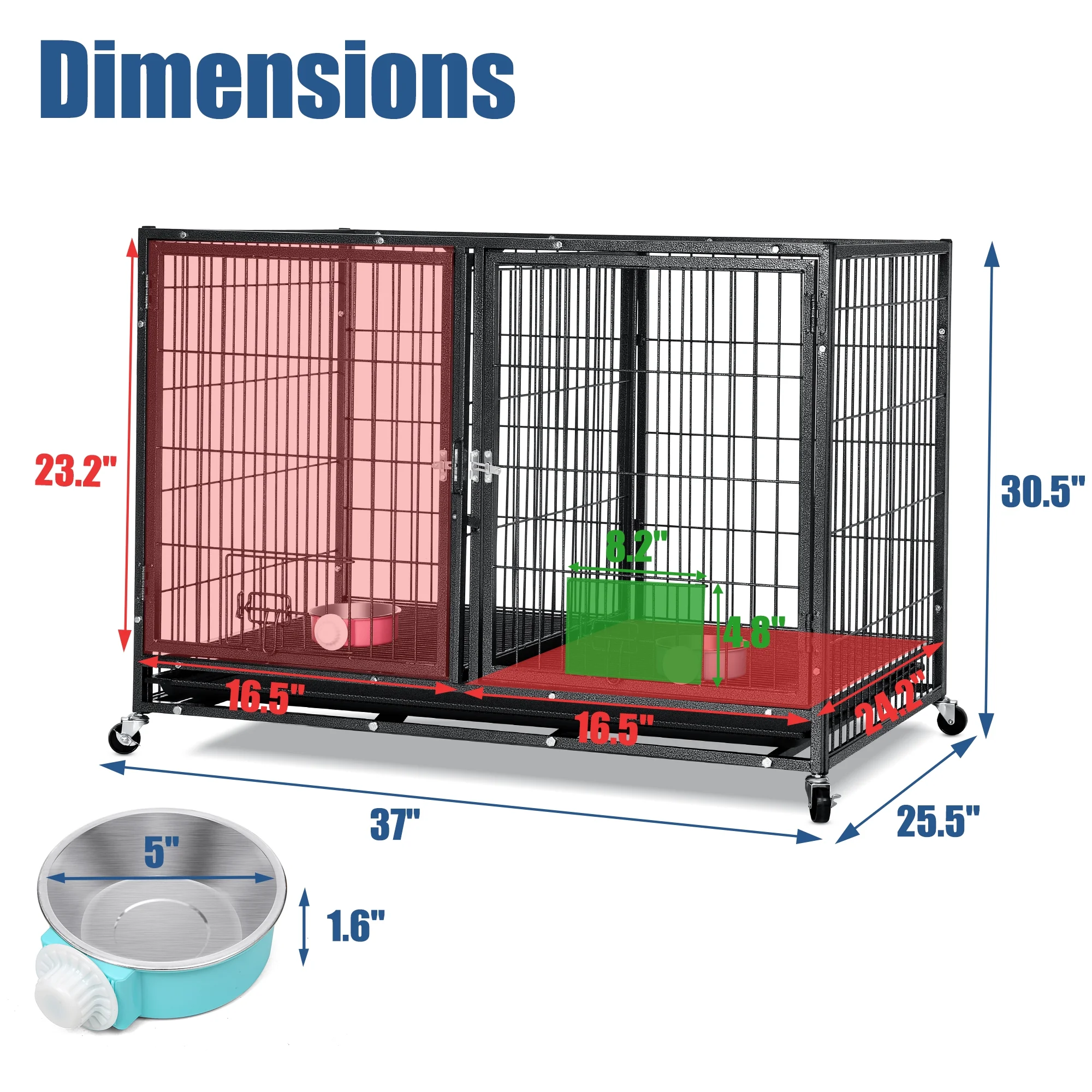 Suchown Heavy Duty Dog Crate – 37 Inch Escape-Proof Steel Cage for Small to Medium Dogs, Stackable Metal Kennel with Double Door, Lockable Wheels, Removable Tray & Feeding Bowls, Indoor/Outdoor Use - Image 2
