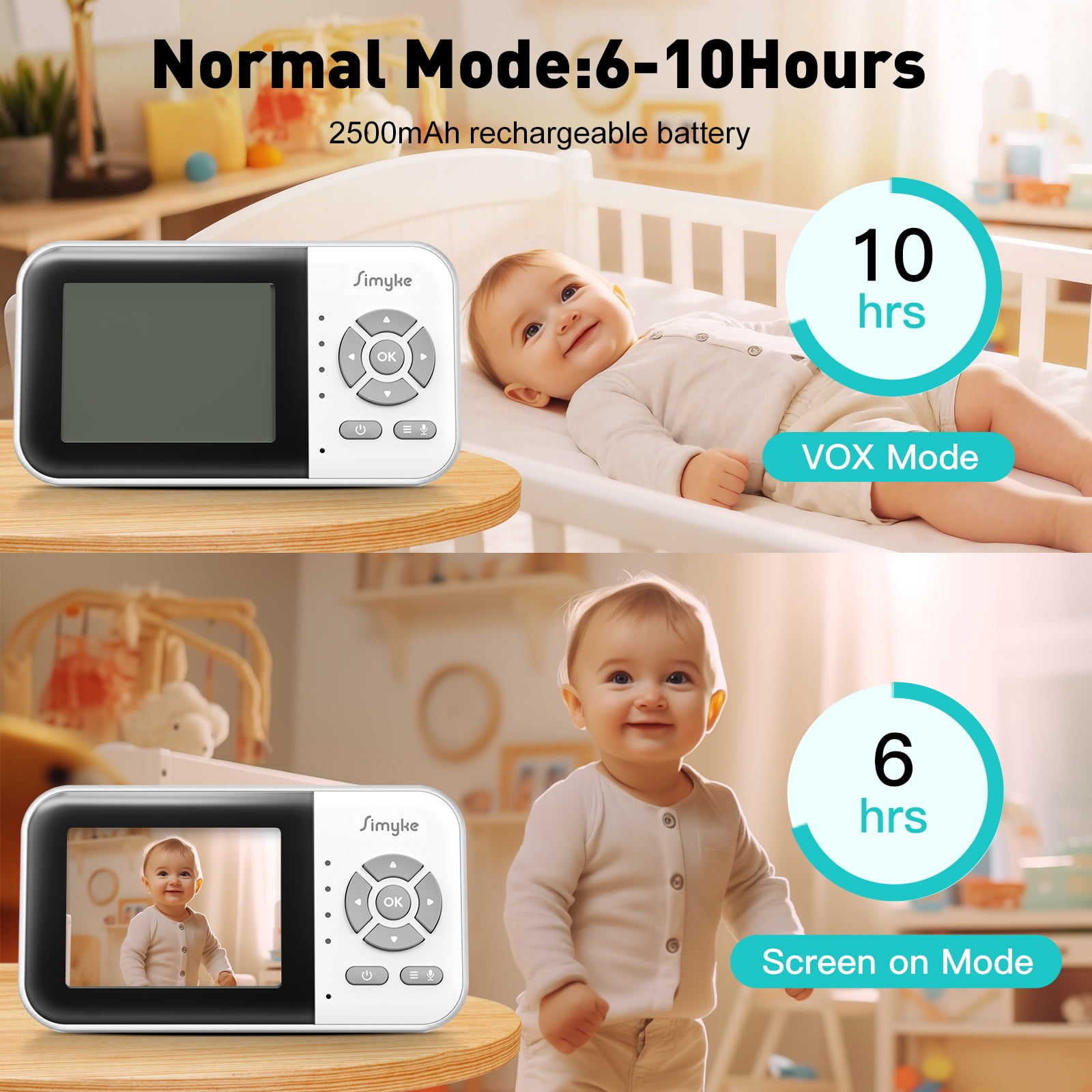 Simyke Dual Camera Video Baby Monitor, 2.8" LCD, Wireless, Night Vision, 2-Way Audio, App Access, 1200ft Range, Feeding Timer, Temperature Sensor, Portable for Home Use - Image 3