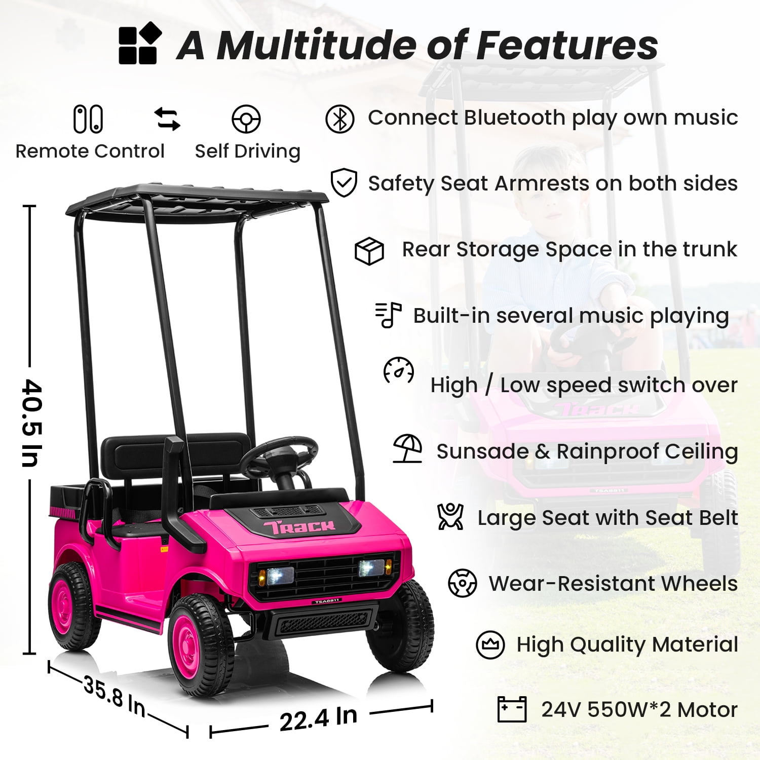 Track Seven 24V Ride on Car, Electric Golf Cart with Ceiling, Ride on Truck with Remote Control, Music, Rear Storage Box, Electric Car for Boys Girls Age 3+, 18.5" Large Seat with Armrests, Pink - Image 12