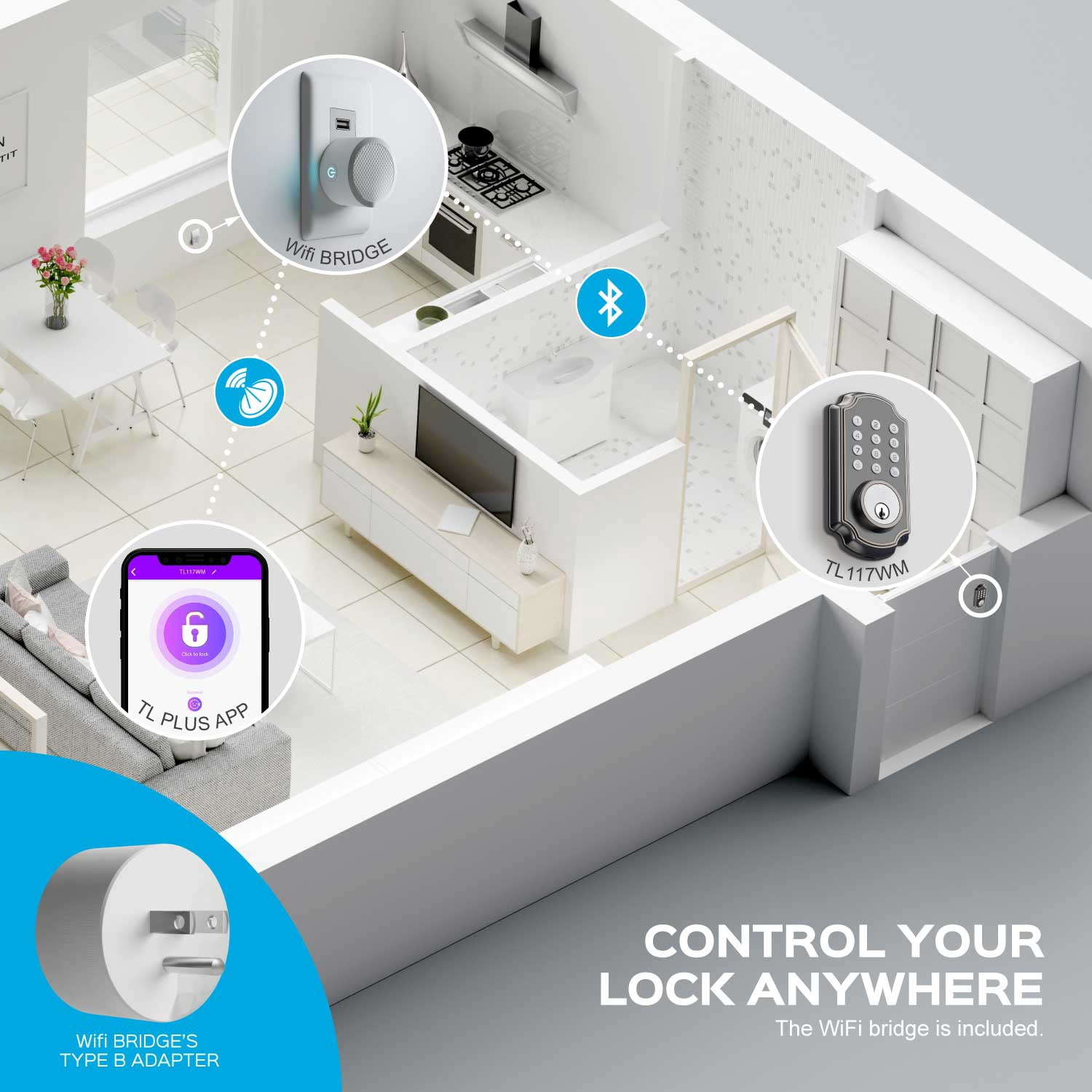 TurboLock TL117WM Smart Deadbolt Door Lock Wi-Fi Bridge Keypad App Remote Control Ready For Thicker Doors (IP65) - Image 2