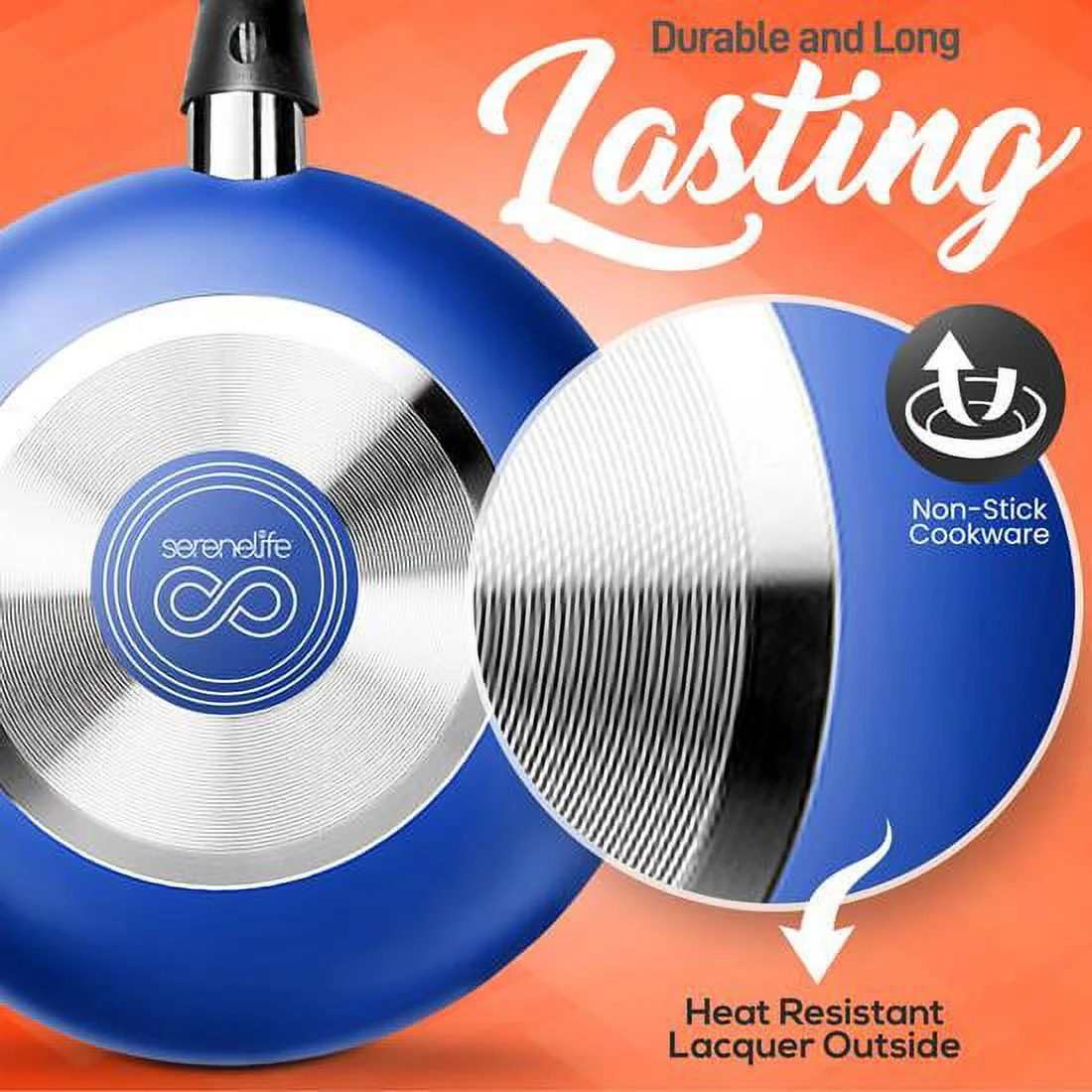 SereneLife 15 Piece Pots and Pans Non Stick Kitchenware Cookware Set, Blue - Image 2