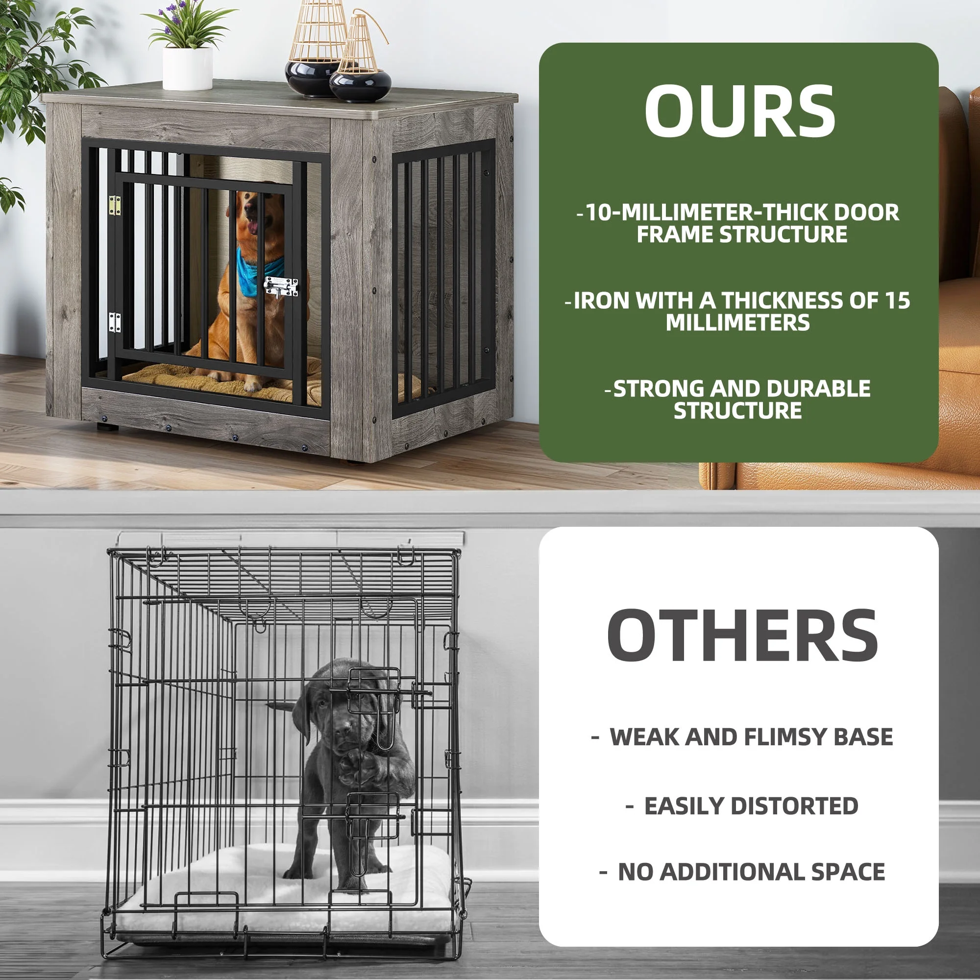 Uforic 2-in-1 Dog Crate Furniture, 30 in Iron-Wood Indoor Dog Cage Table with Steel Lock & Waterproof Top,Gray - Image 3
