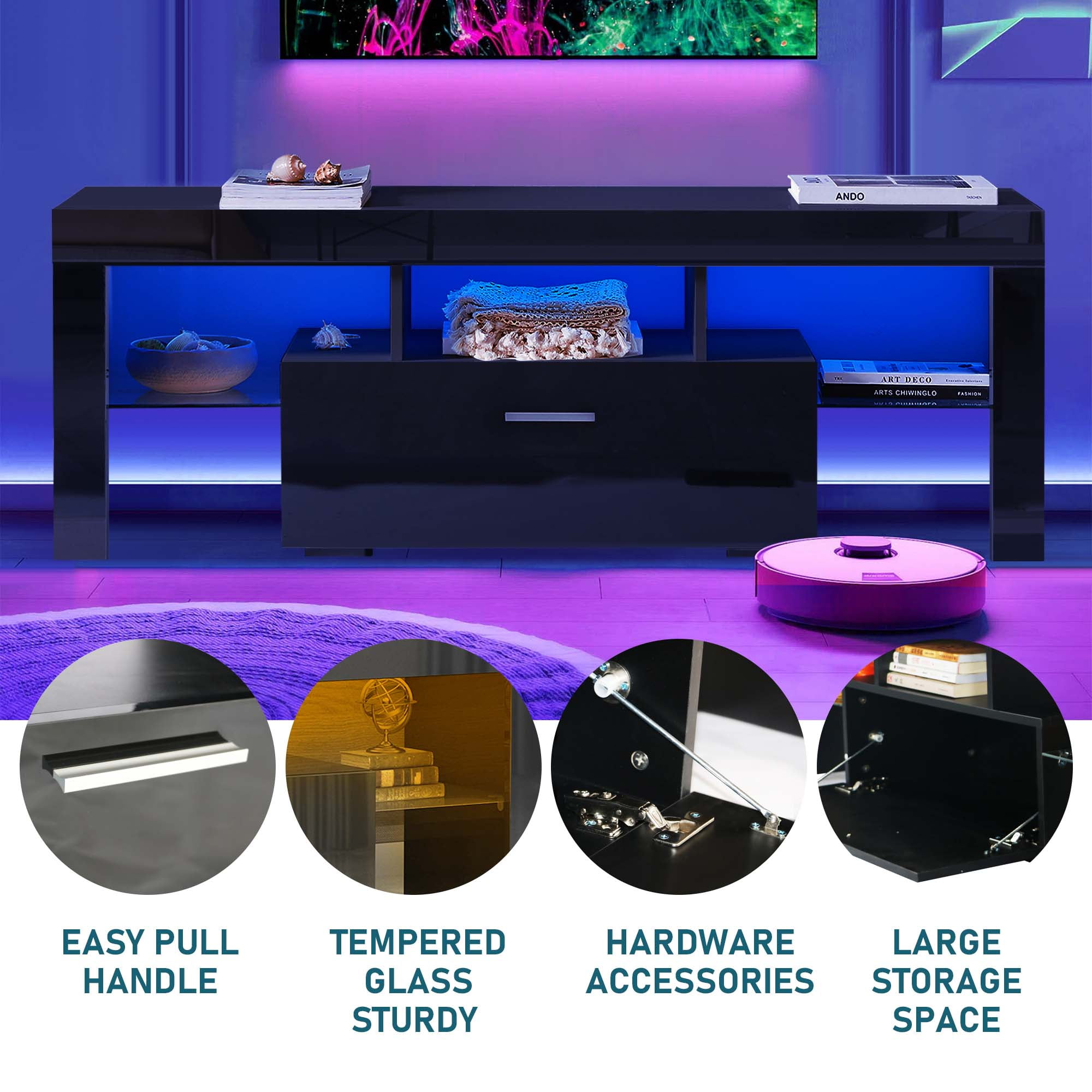 Aukfa LED TV Stand for TVs up to 60", Storage TV Cabinet for Living Room - Black - Image 3