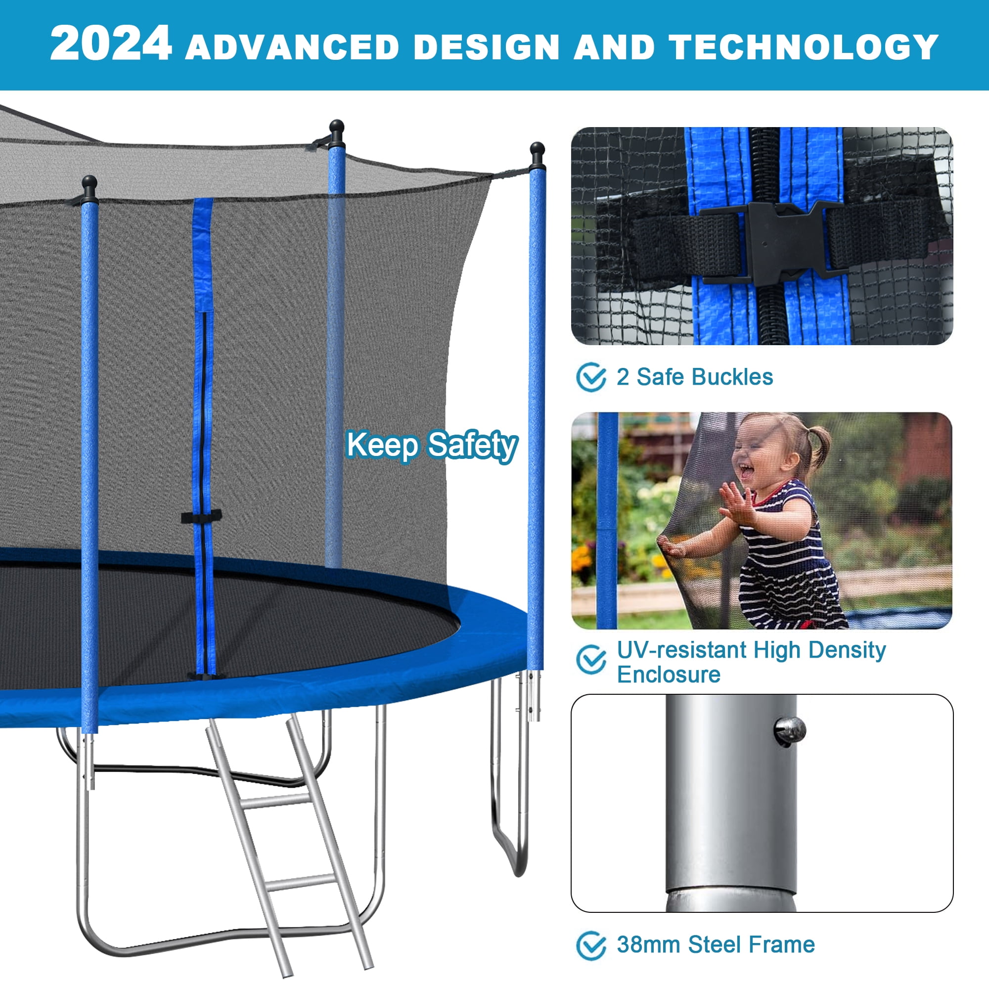 Aukfa 14FT Trampoline with Enclosure Net for Kids Adults, Outdoor Trampoline with Basketball Hoop for Backyard, Blue - Image 3