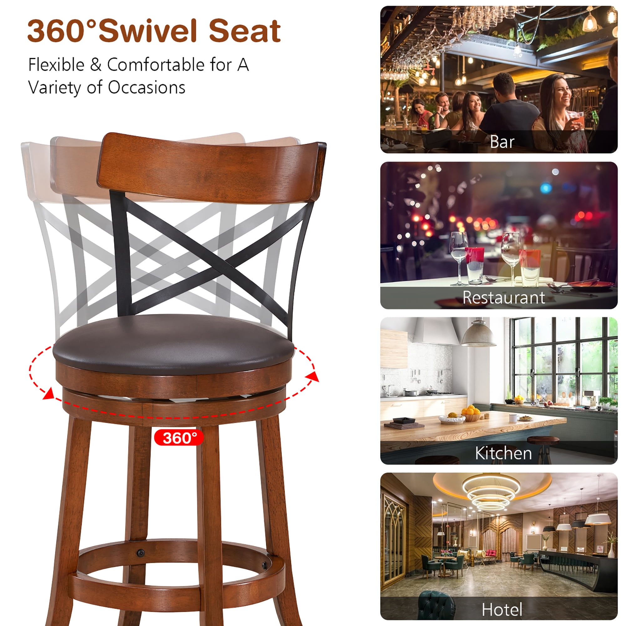 Costway Set of 2 Bar Stools Swivel 25'' Dining Bar Chairs with Rubber Wood Legs - Image 8