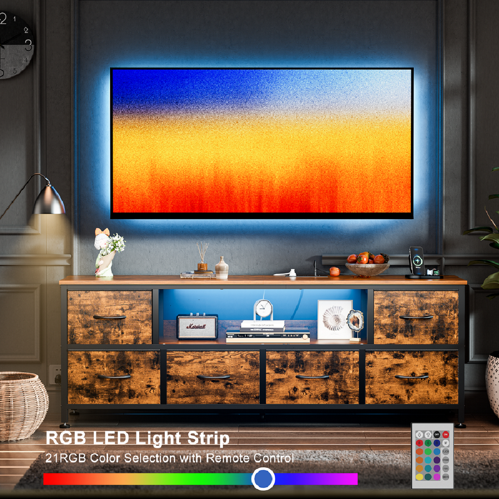 GIKPAL Dresser TV Stand with 6 Drawers, TV Stands for 55 inch TV, Brown Dresser Chest of Drawers, Fabric Dresser with LED Lights and Outlets - Image 6