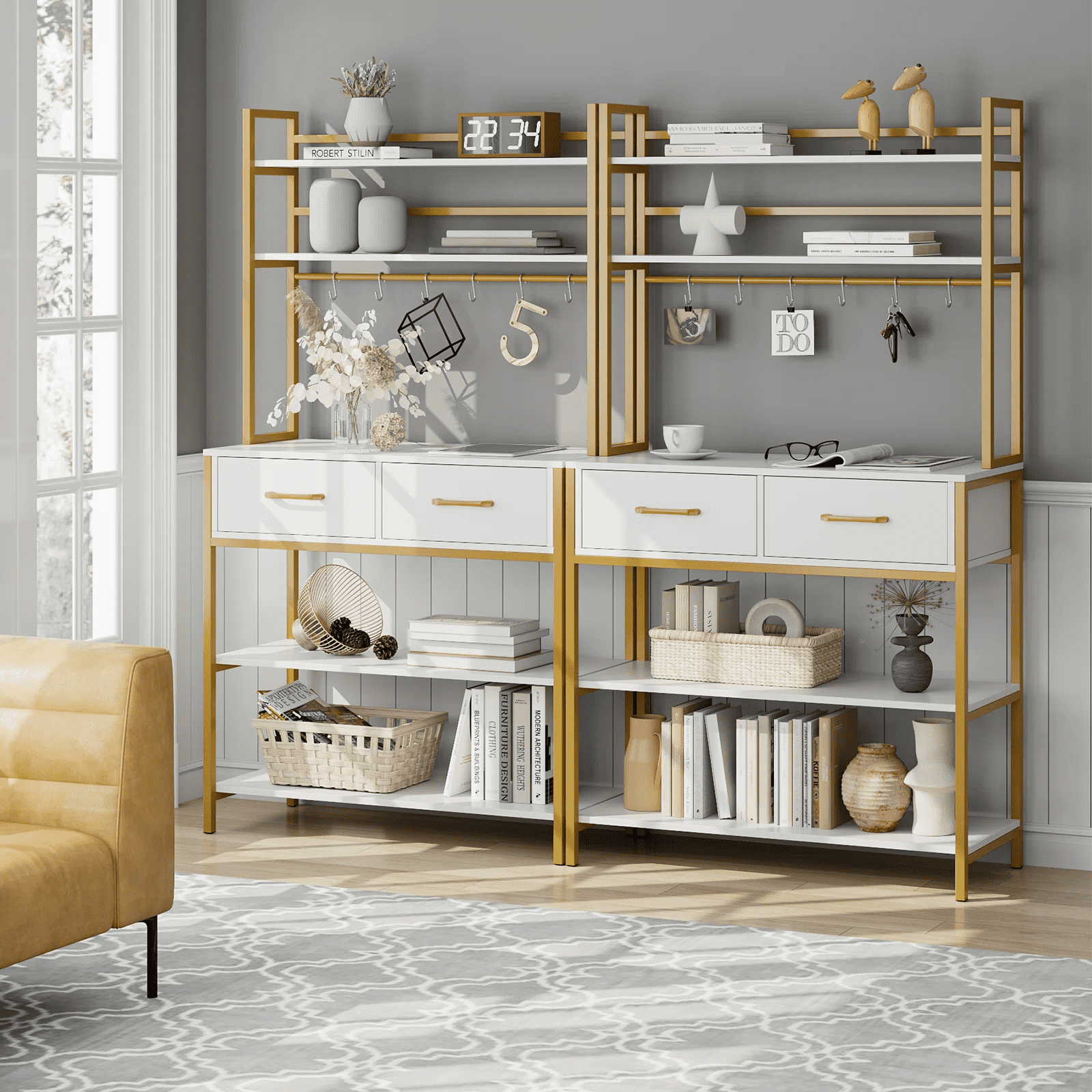 Homfa Gold Ladder Shelf with 2 Drawer, 5 Tier White Standard Bookcase for Homfa Office, Backer Racks for Kitchen - Image 4