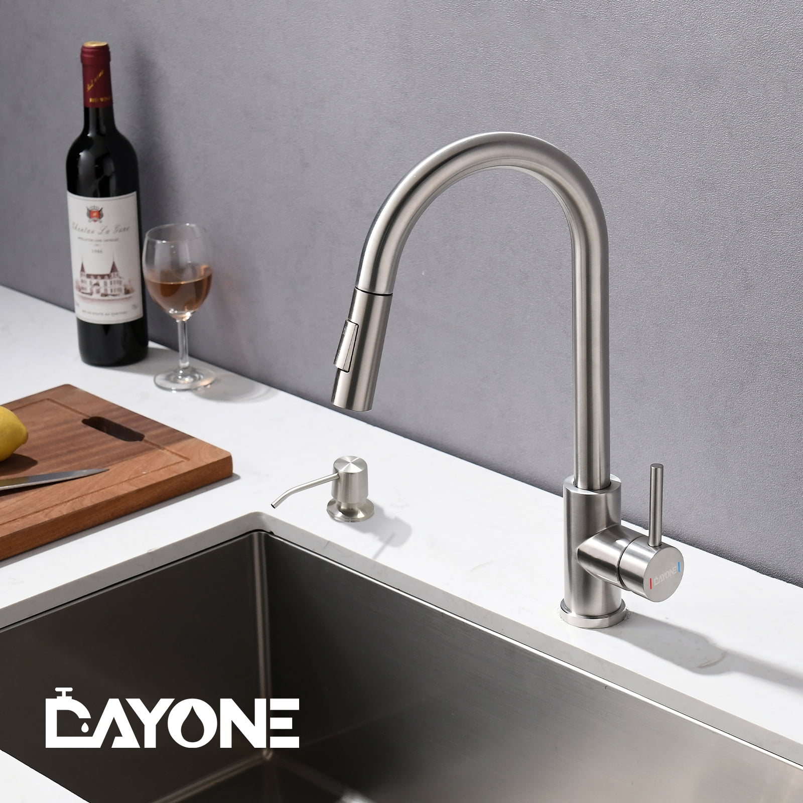 DAYONE Pull Down Brushed Nickel Kitchen Faucet with Sprayer and Soap Dispenser, Single Handle High Arc Stainless Steel Kitchen Sinkl Faucet for Kitchen Renovation and Decor - Image 3