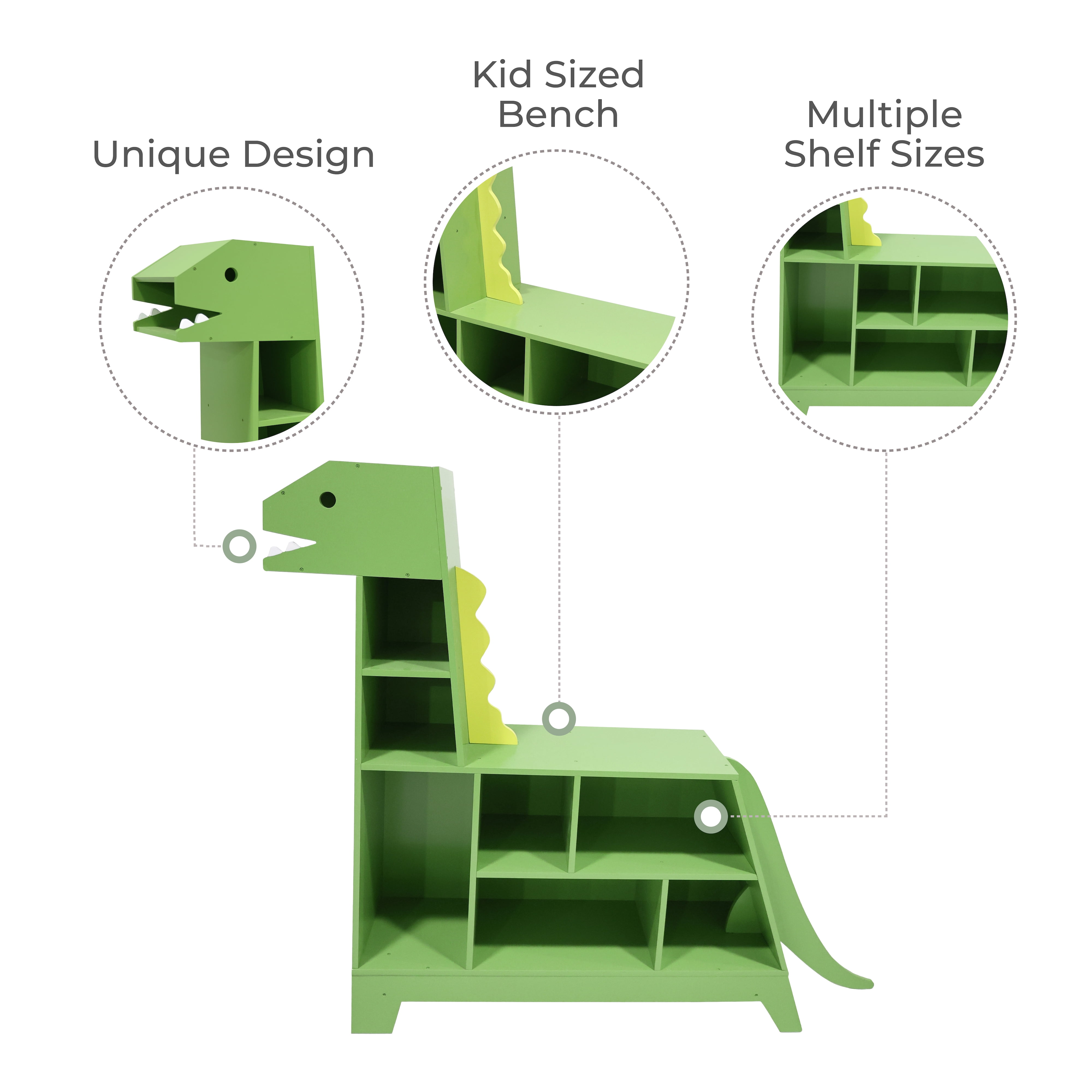 Teamson Kids Dinosaur Shaped Kids Bookcase Toy Organizer with Reading Nook, Kids and Toddlers Room, Green - Image 2