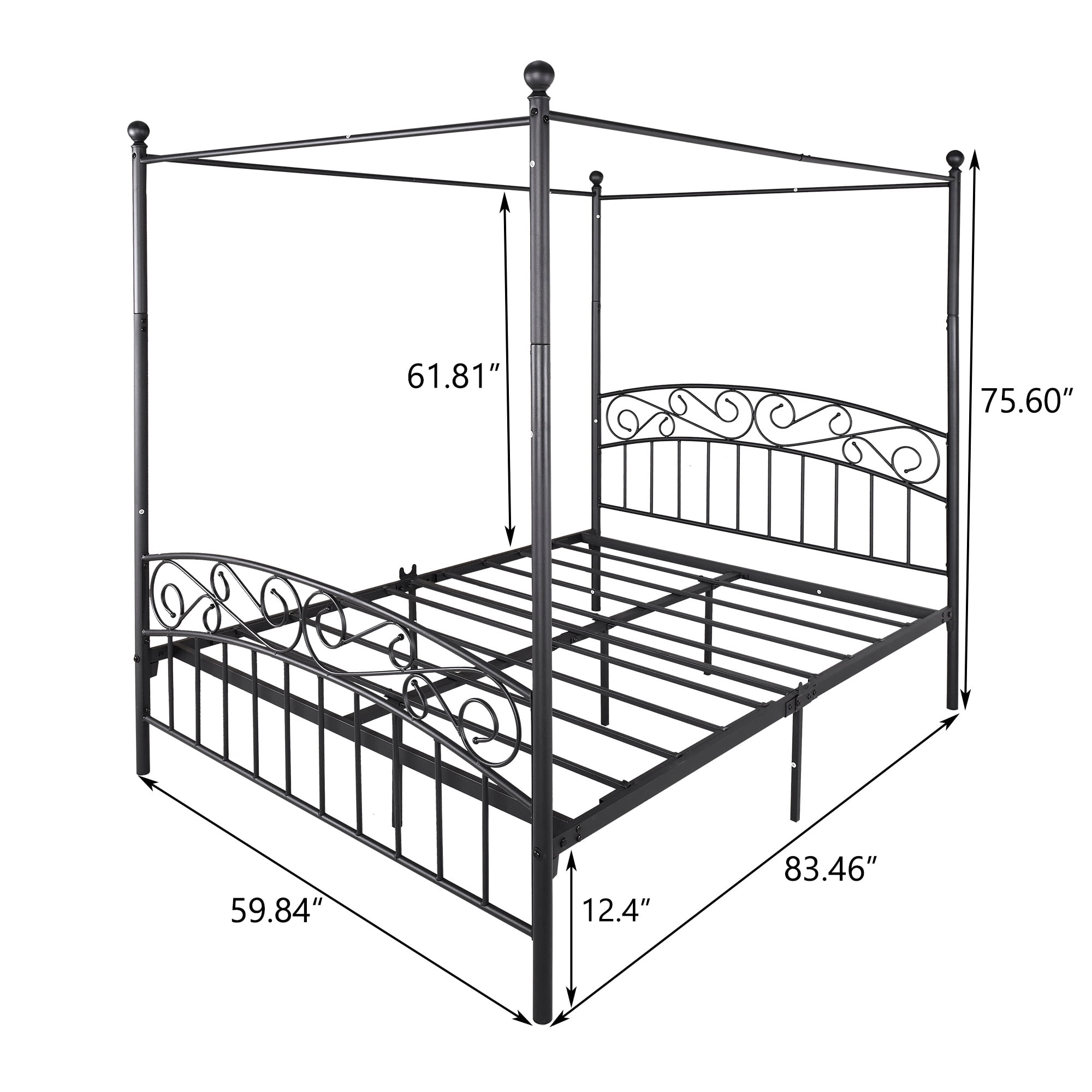 Aukfa Queen Size Canopy Bed - Metal Platform Bed Frame - with Headboard - Black - Image 2