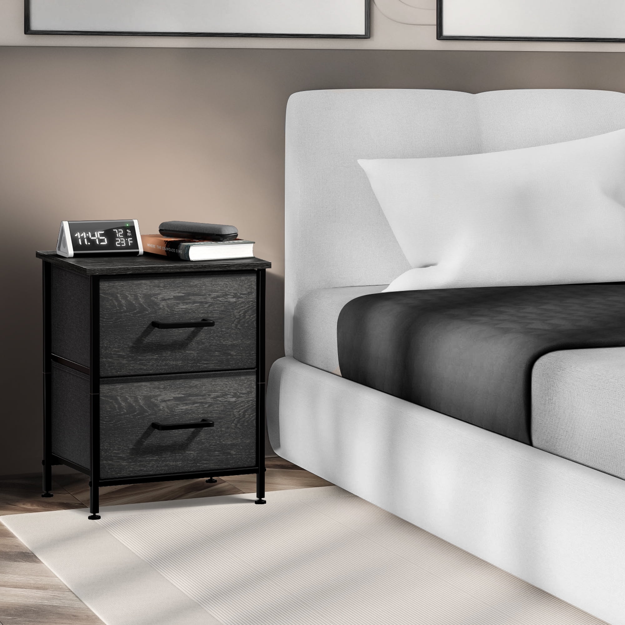 Sorbus Nightstand Dresser with 2 Faux Wood Drawers – Bedside Table with Storage – Steel Frame, Wood Top & Easy Pull Fabric Bins – Bedroom, Living Room, Dorm Furniture, Gray Wood - Image 5