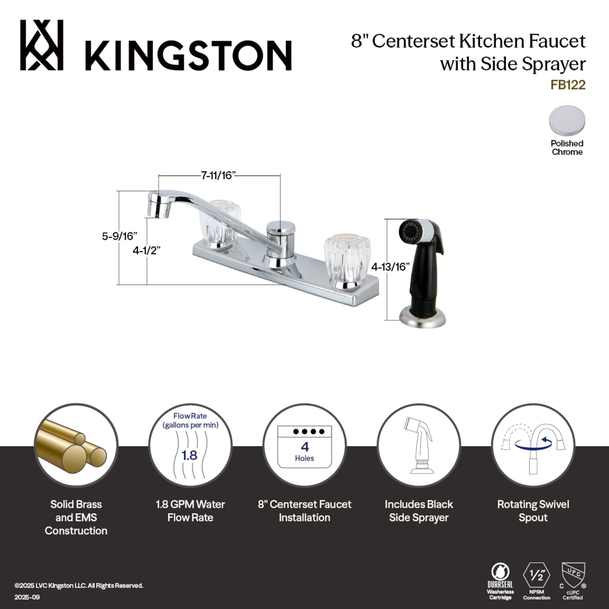 Kingston FB122 Columbia Two-Handle 4-Hole 8" Centerset Kitchen Faucet with Side Sprayer in Polished Chrome - Image 4