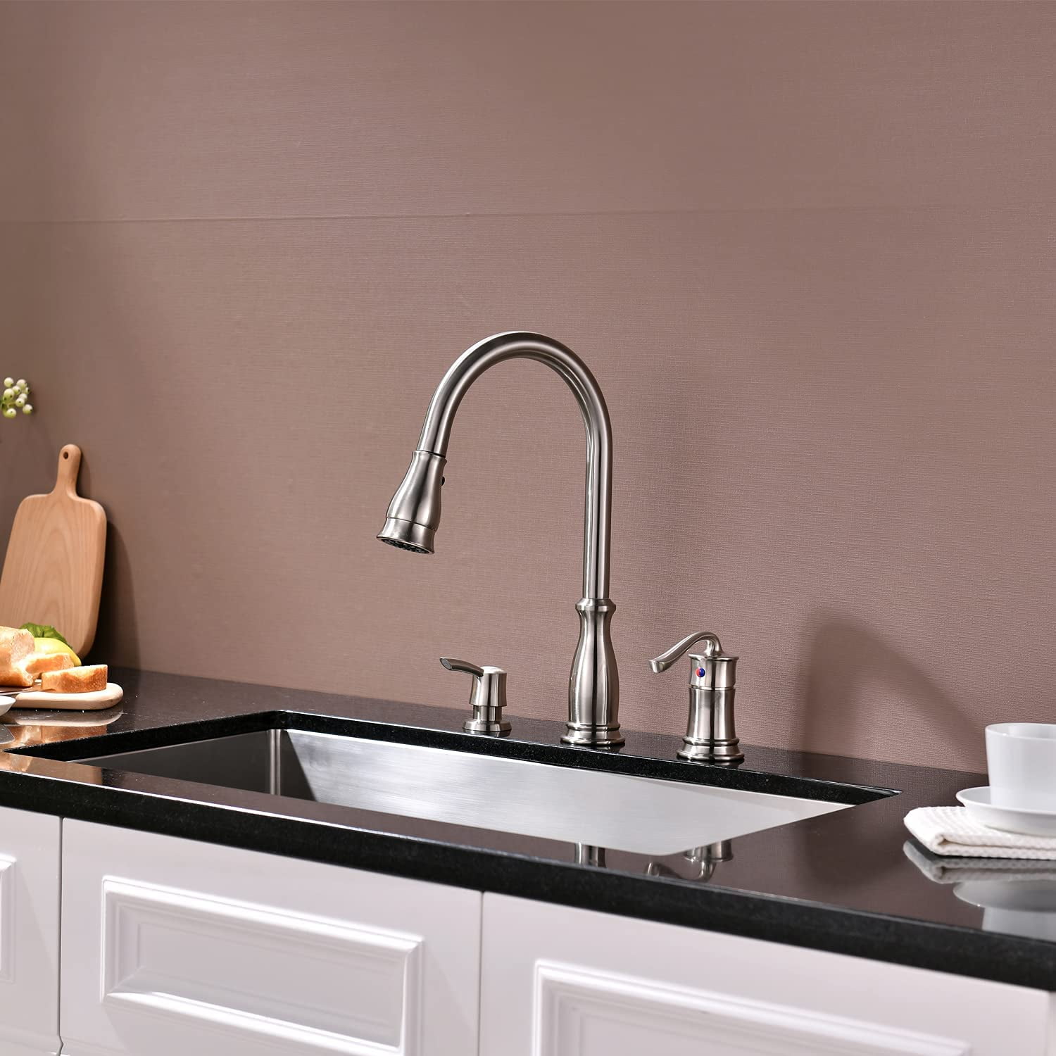 APPASO 3 Hole Kitchen Faucet with Pull Down Sprayer Stainless Steel Brushed Nickel 218BN - Image 3