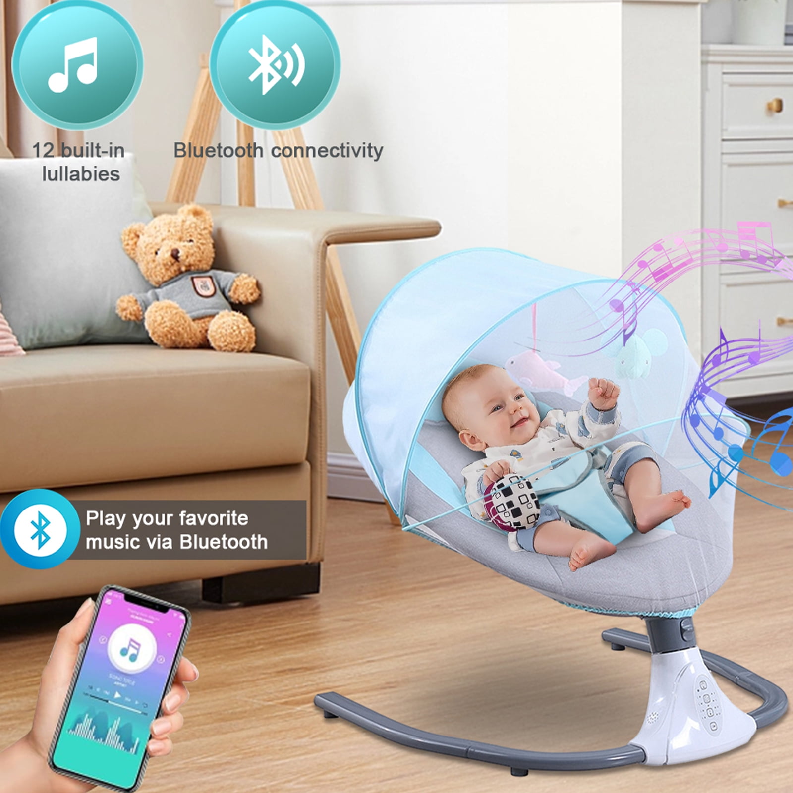 EONROACOO Portable Baby Swing, 4 Speed Infant Toddler Swing Bouncer, Bluetooth, Blue - Image 5