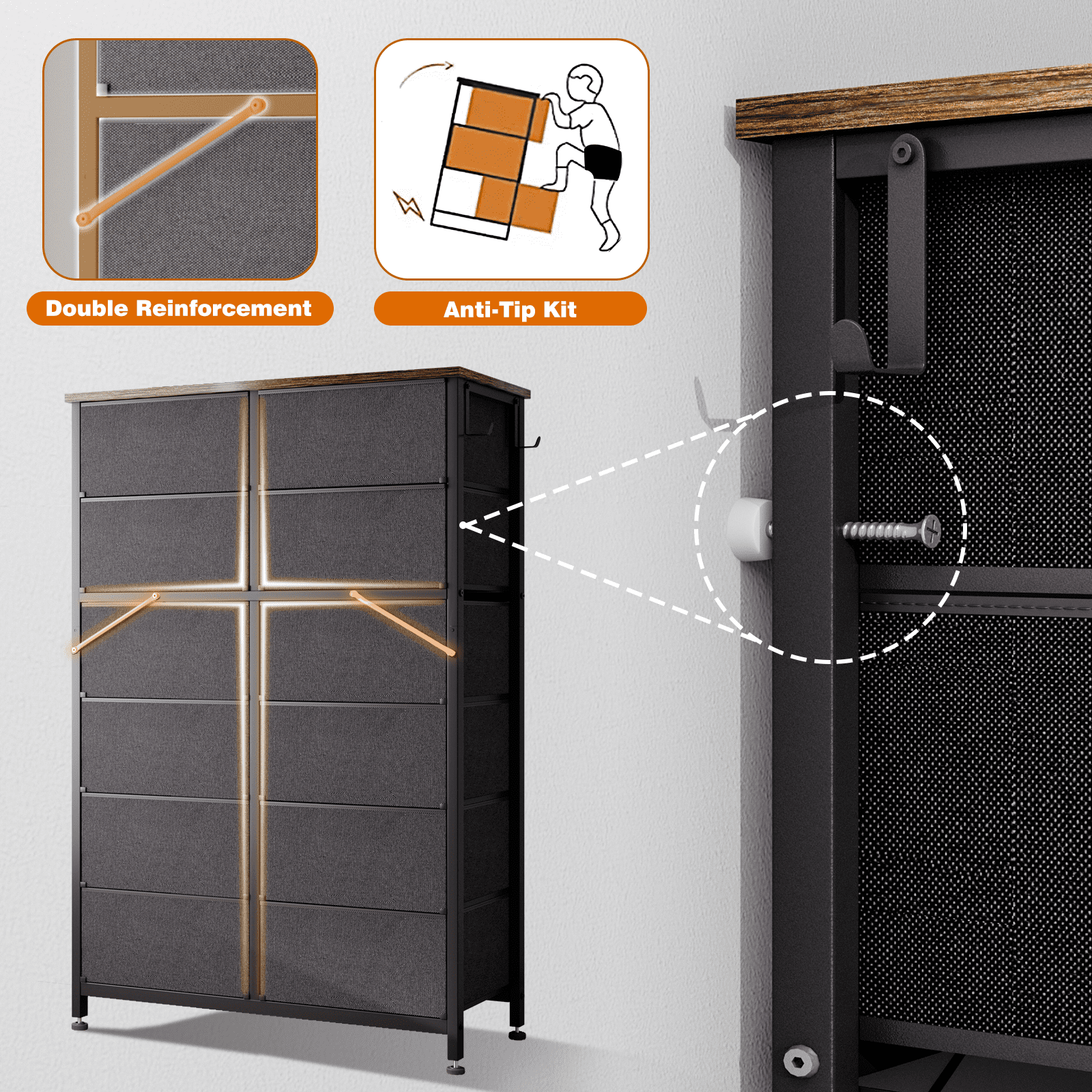 GIKPAL 12 Drawer Dresser, Dressers for Bedroom Chest of Drawers, Tall Dresser for Kids and Adult, Steel Frame and Wooden Top Brown - Image 2