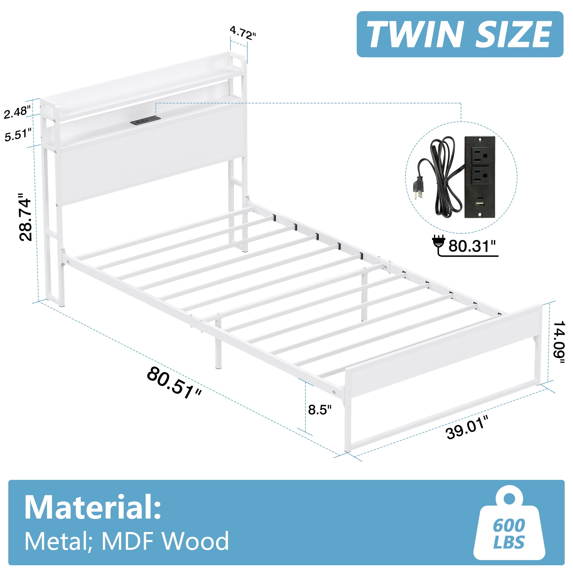 Yoneston Power Outlet Twin Metal Platform Bed Frame with 2-Tier Storage Charging Station Headboard for Kids Bedroom Furniture, White - Image 9