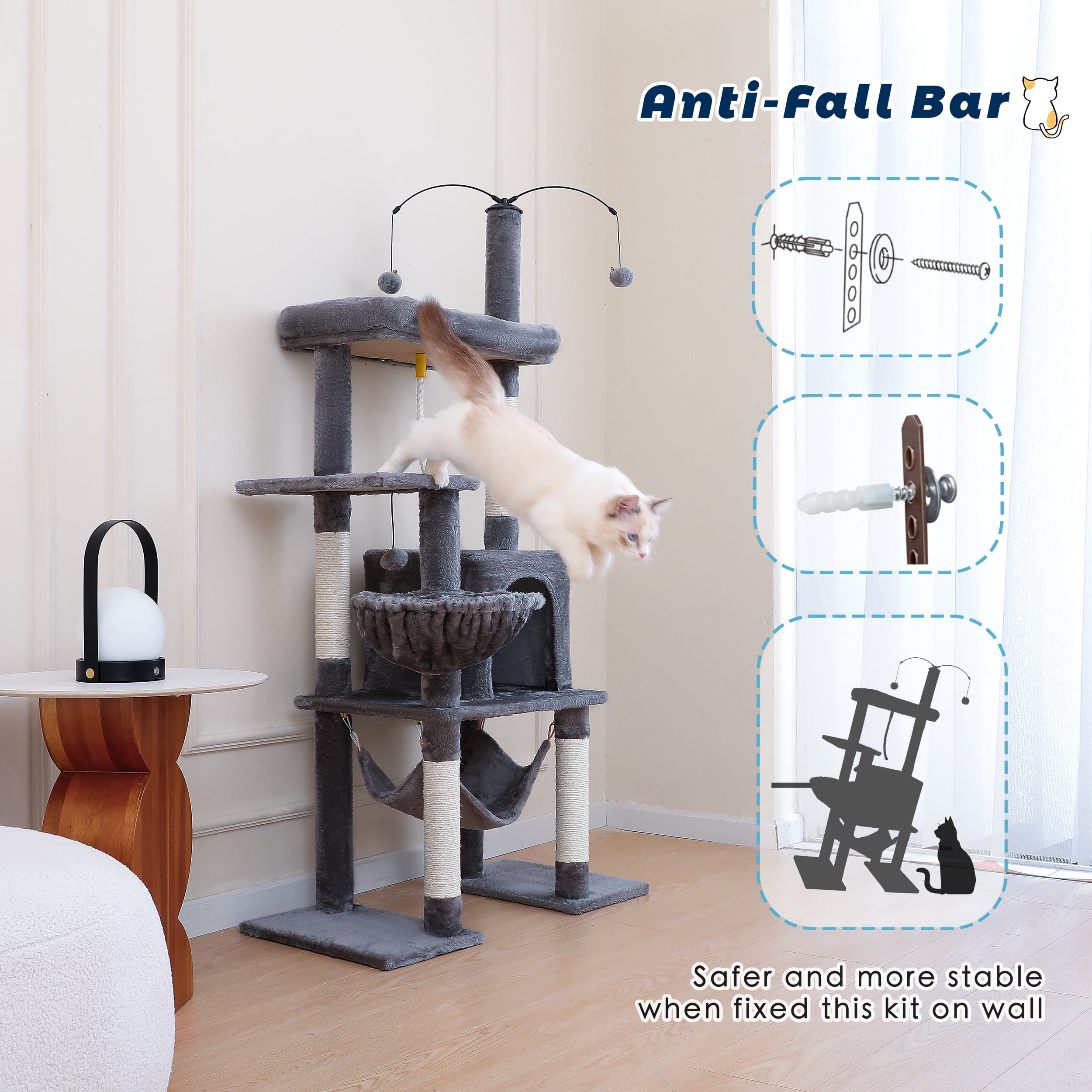 Vibrant Life 58.5inch Multi Level Cat Tree Tower with Interactive Dangling Ball and Double Base,Gray - Image 12